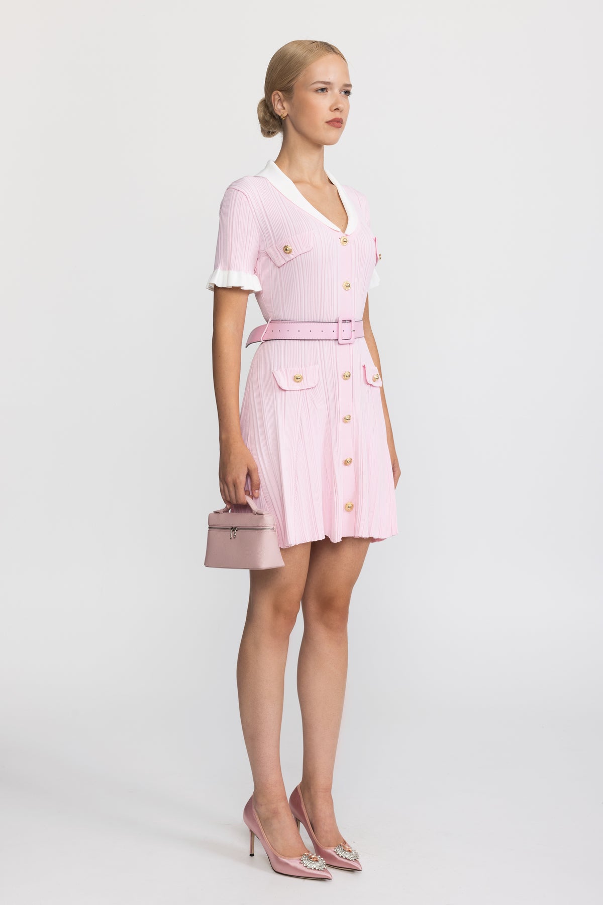 Ribbed Knit Contrast Collar Belted Mini Dress - Pink