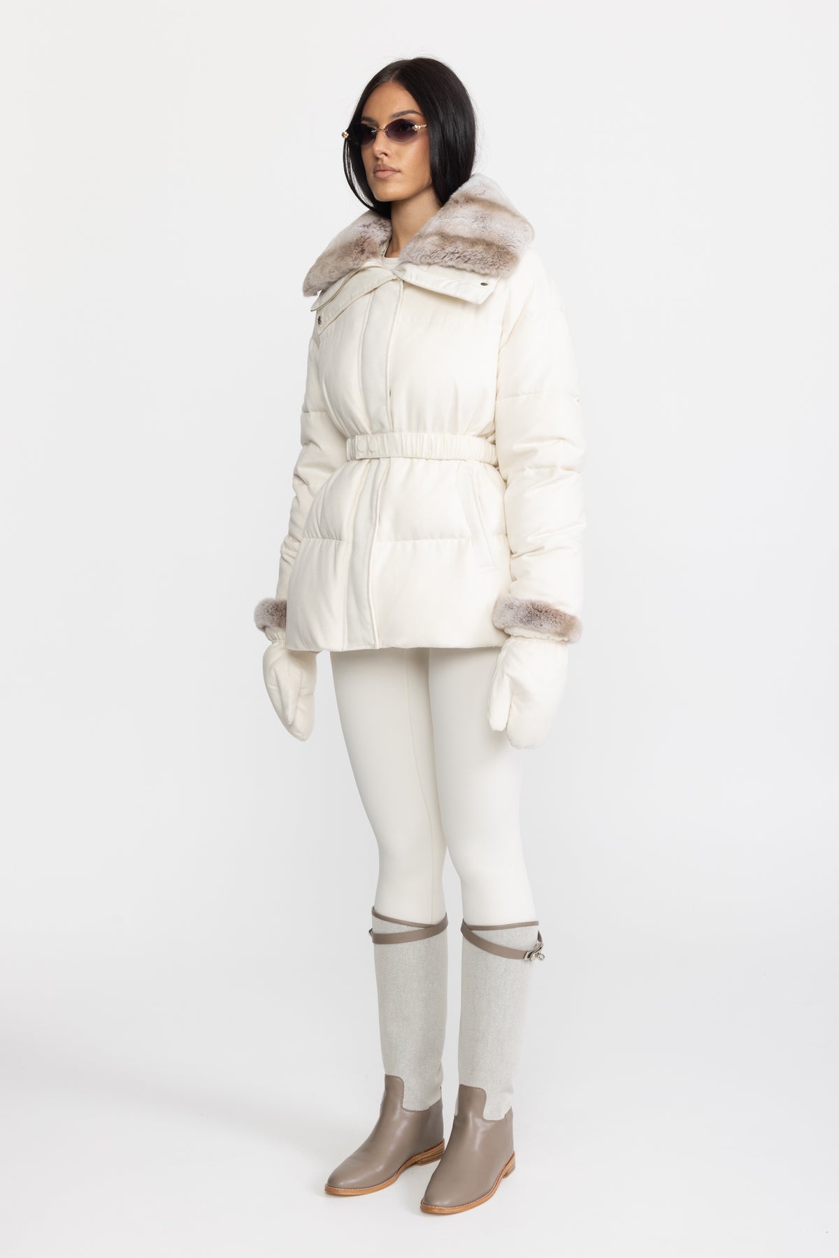 Rex Rabbit Fur Collar Cotton-Silk Down Jacket - Ivoire