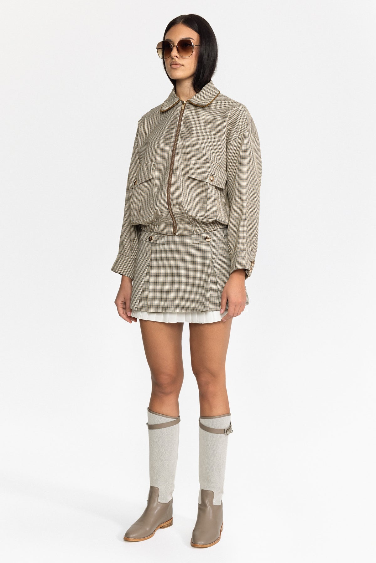 Houndstooth Bomber Jacket and Pleated Mini Skirt Set - Beige