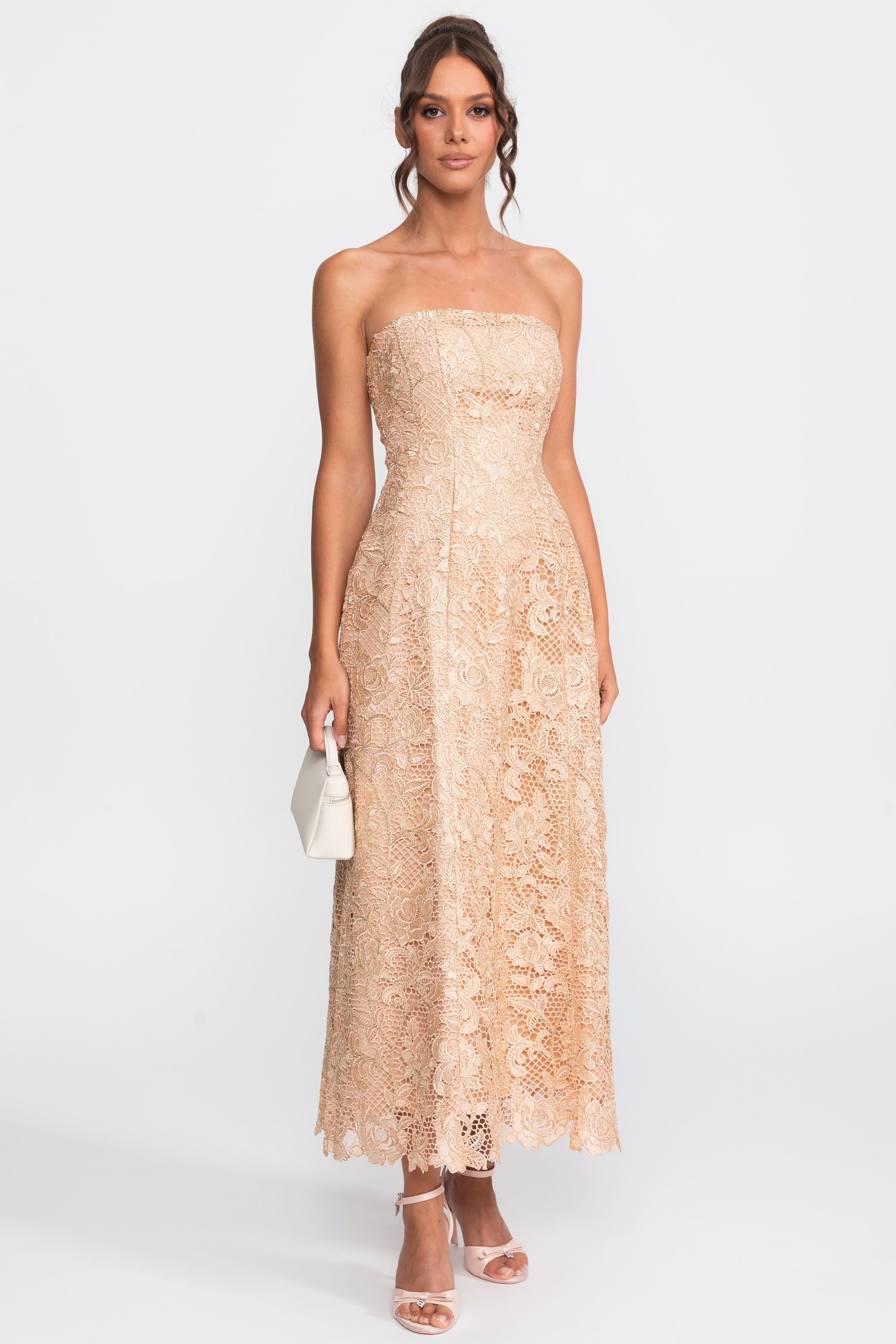 Strapless Floral Lace Ballgown With Full A-Line Skirt - Gold