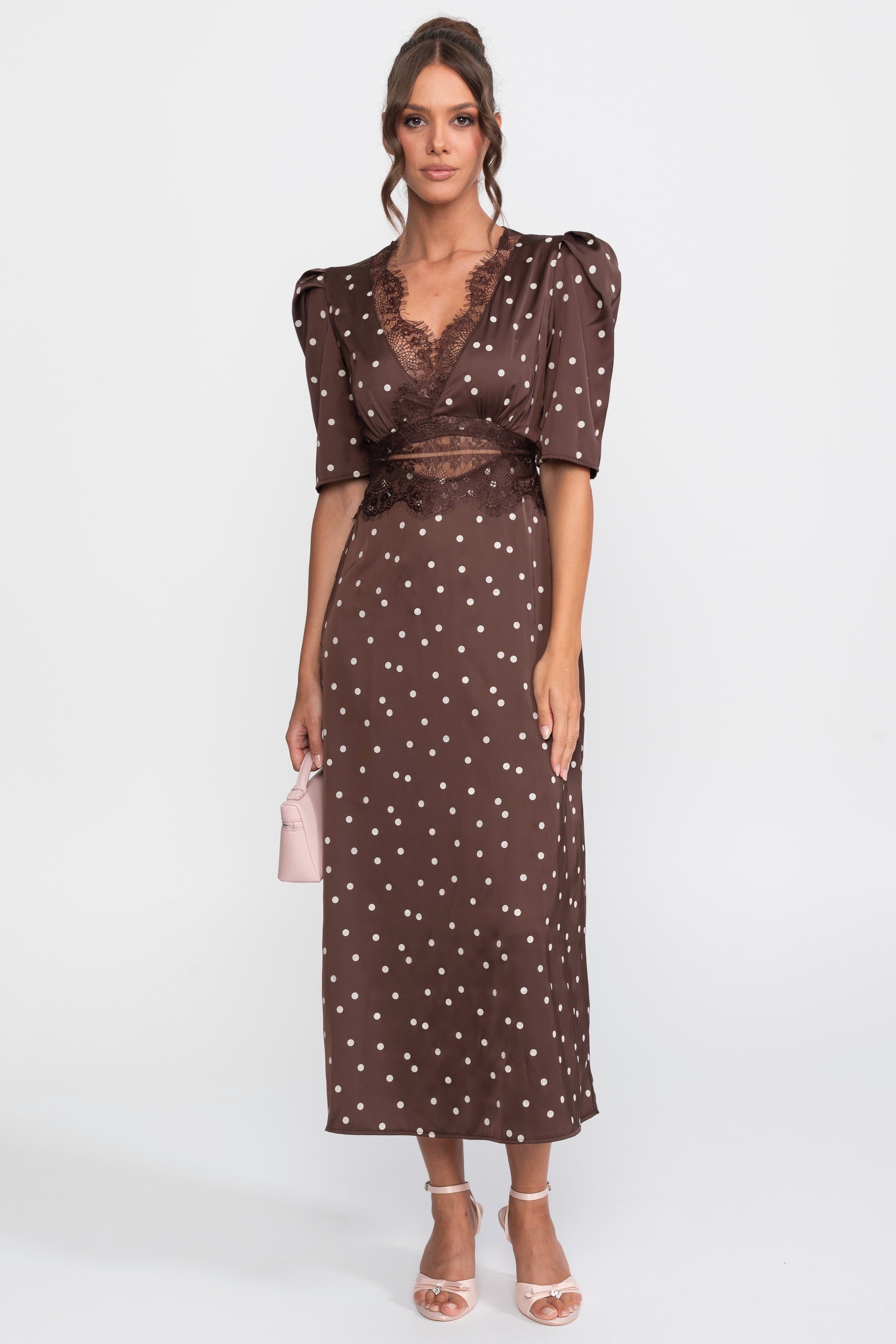Lace-Trim Polka Dot Midi Dress With Puff Sleeves - Brown