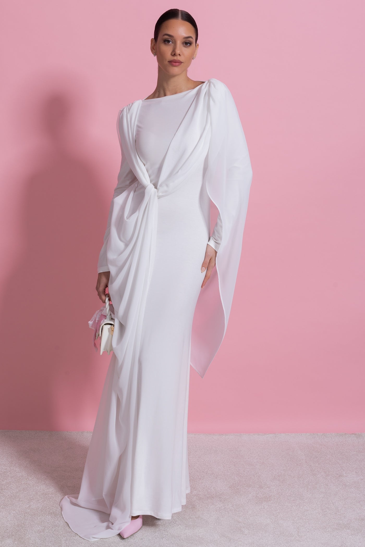 Draped Long Sleeve Maxi Dress With Cape Overlay With Knot Front Detail  - White