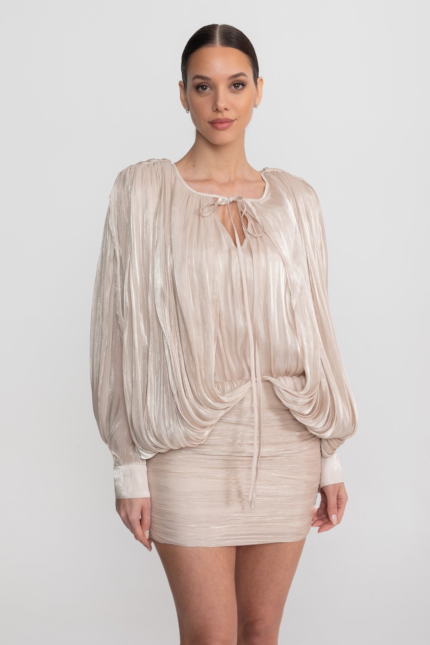 Draped Long Sleeve Mini Dress With Batwing Sleeves - Champagne