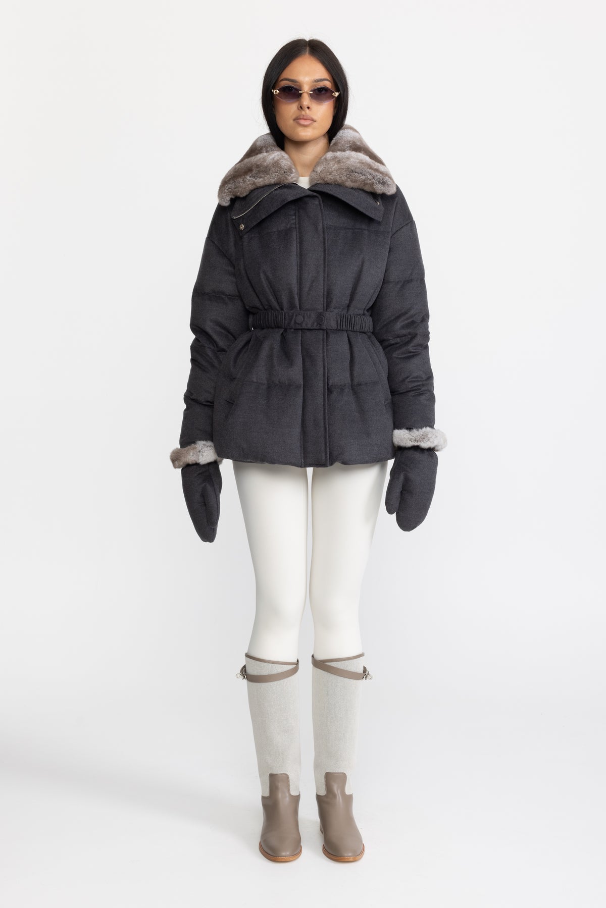 Rex Rabbit Fur Collar Cotton-Silk Down Jacket - Charcoal