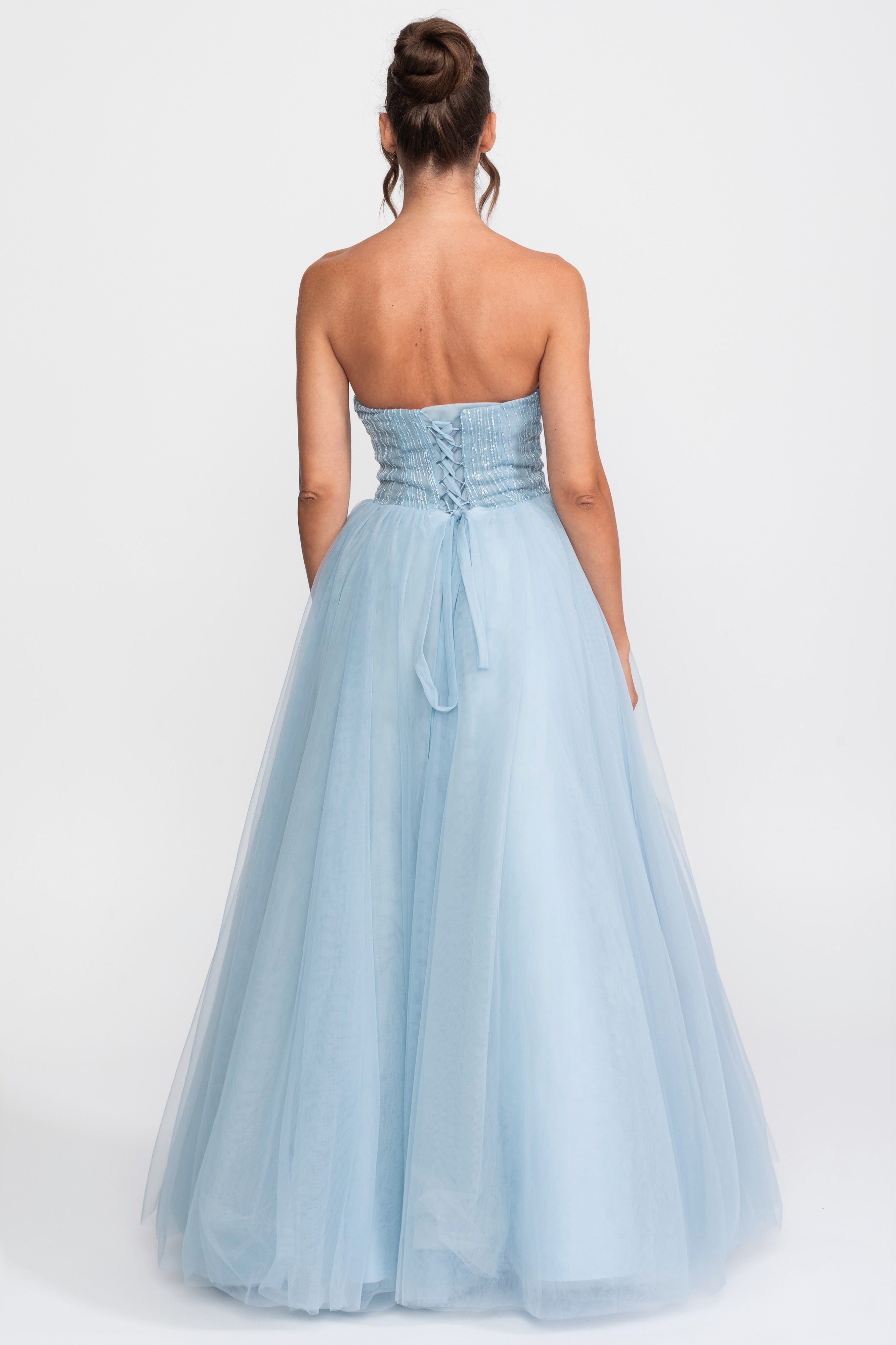 Tulle Strapless Ball Gown With Sequin Embellishments - Light Blue