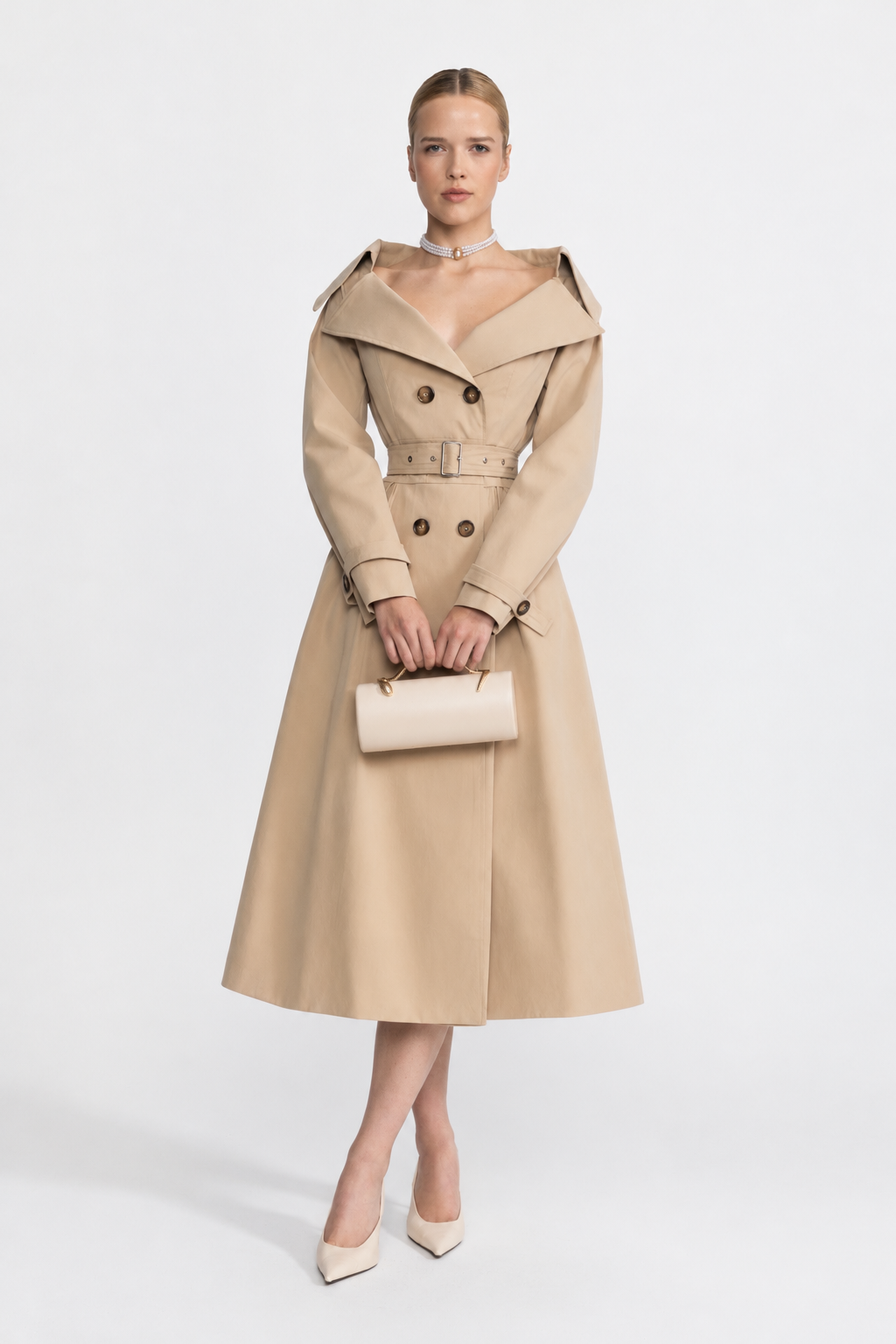 Off-Shoulder Collar Belted Trench Dress - Beige