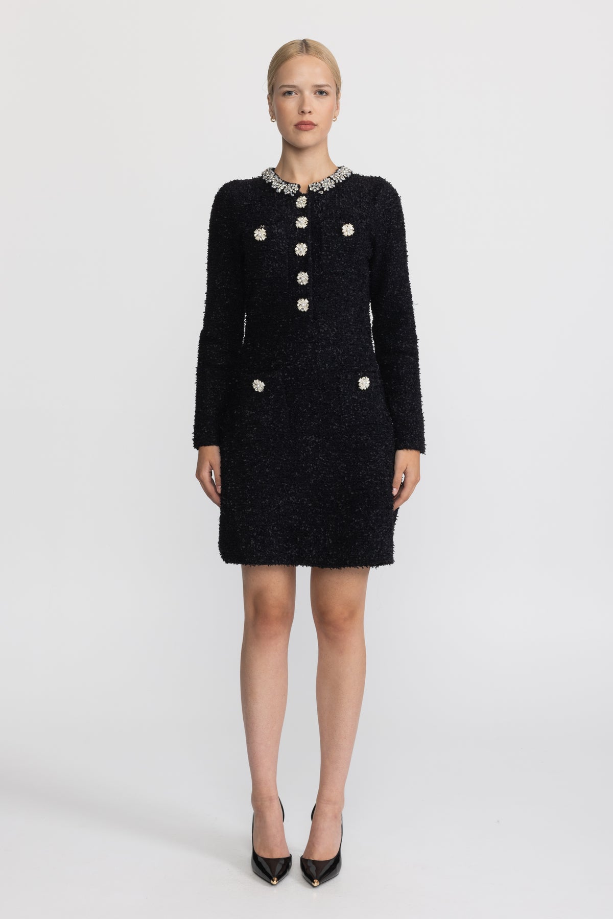 Crystal Embellished Bouclé Knit Mini Dress - Black