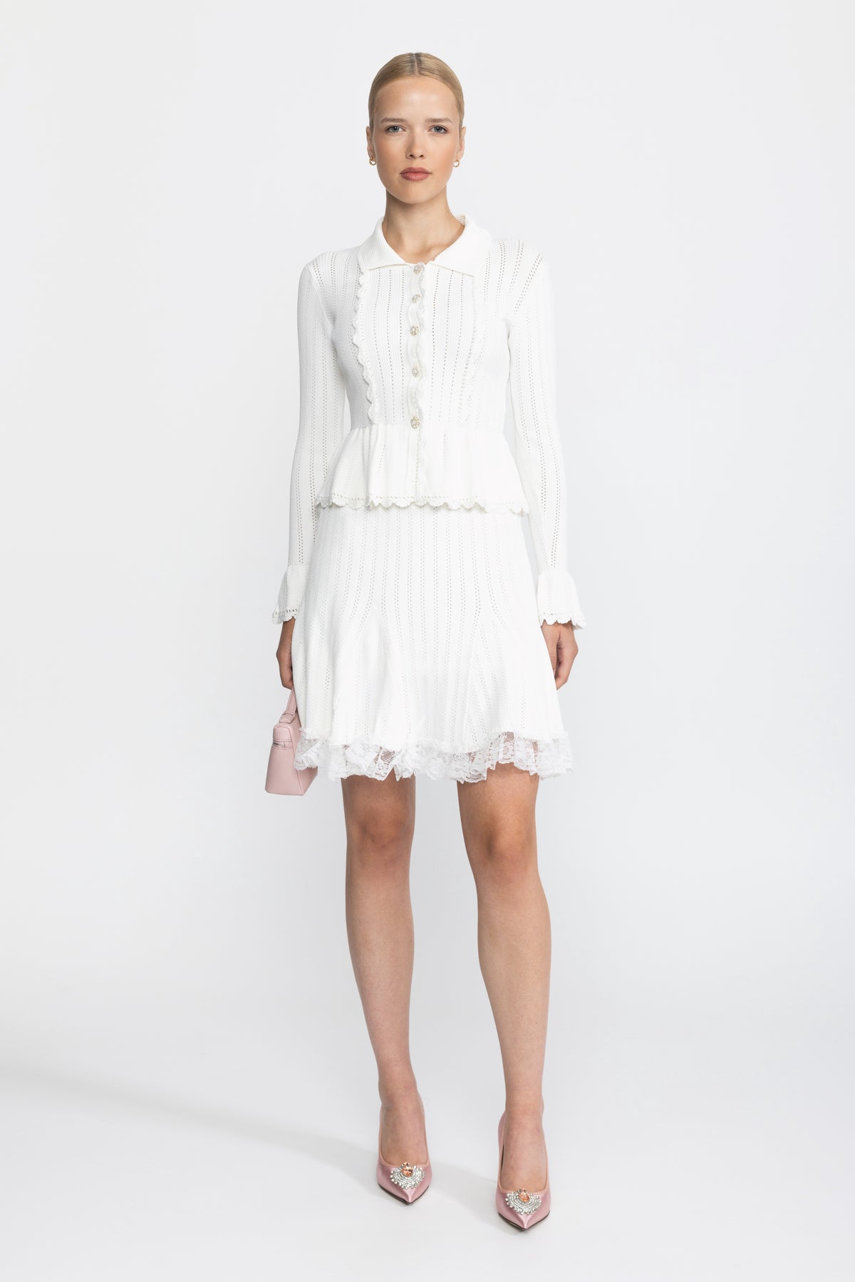 Pointelle Knit Peplum Cardigan and Lace Hem Skirt Co-ord Set - White