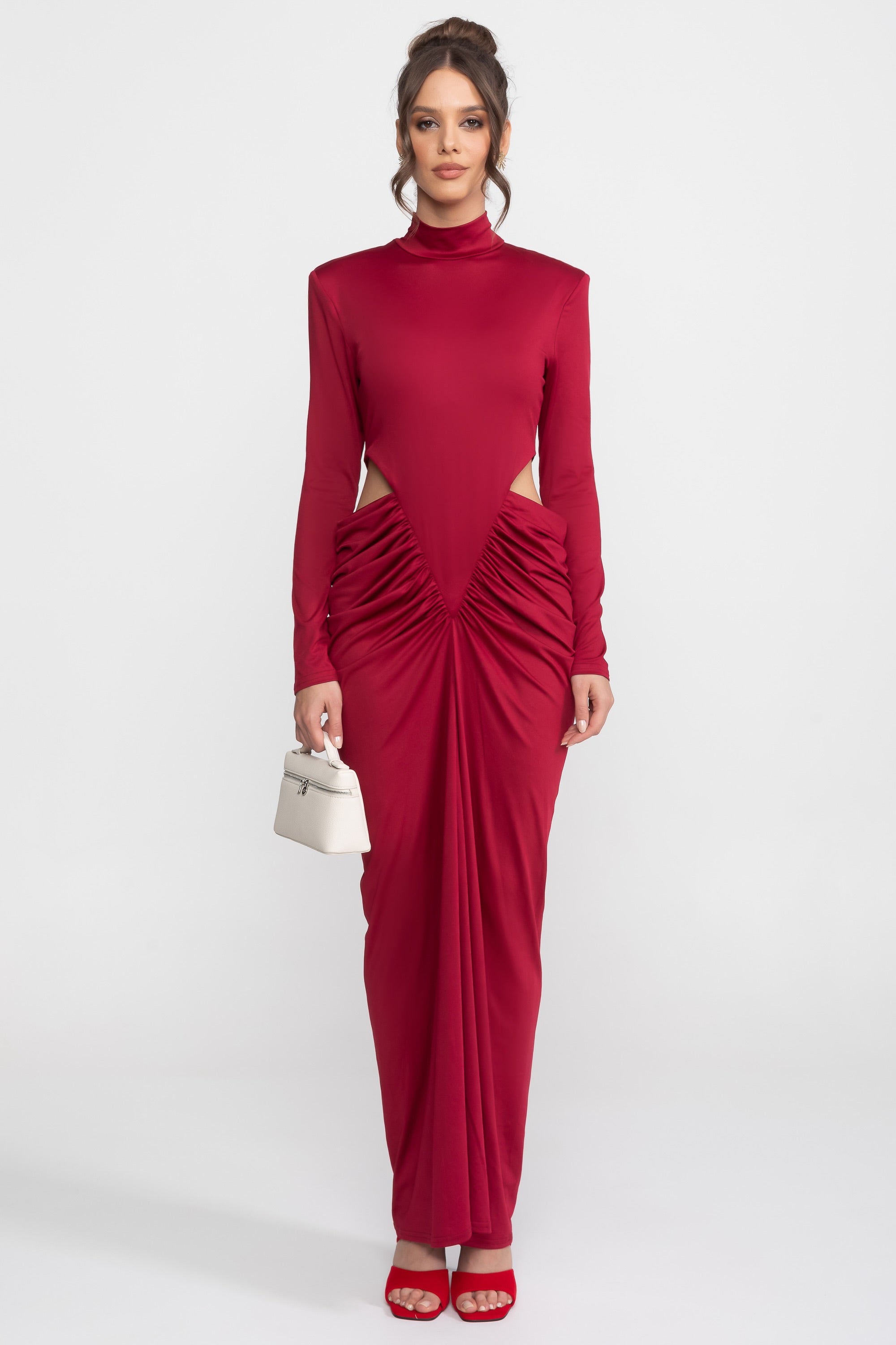 High Neck Maxi Dress With Long Sleeves And Waist Cut-Out Detail - Red