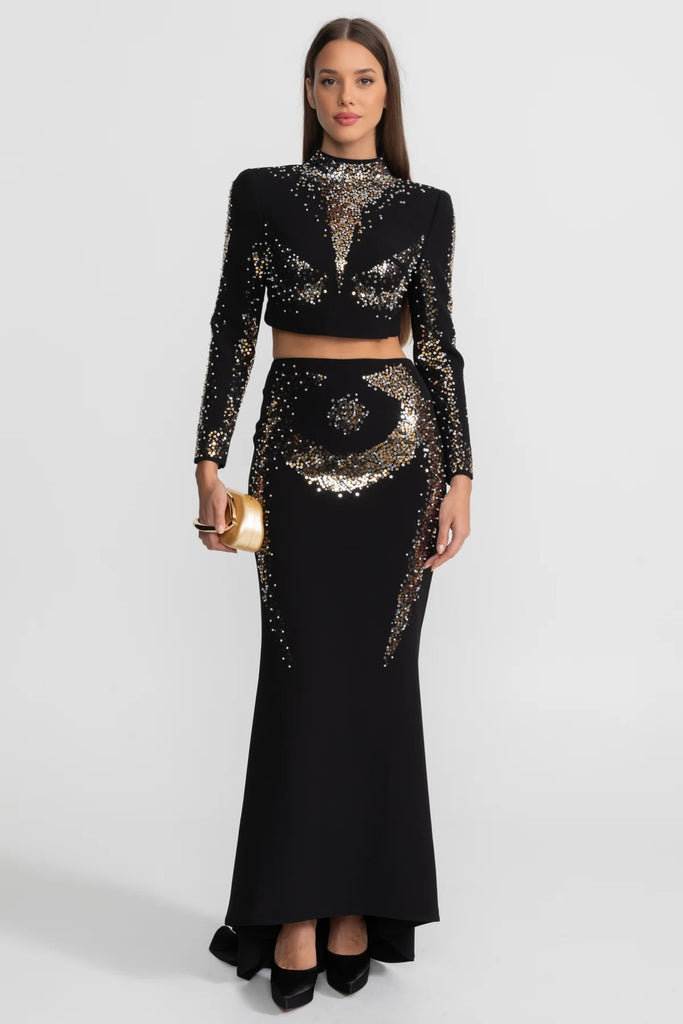 Embellished Co-Ord Set with Silver and Gold Sequin Detailing - Black
