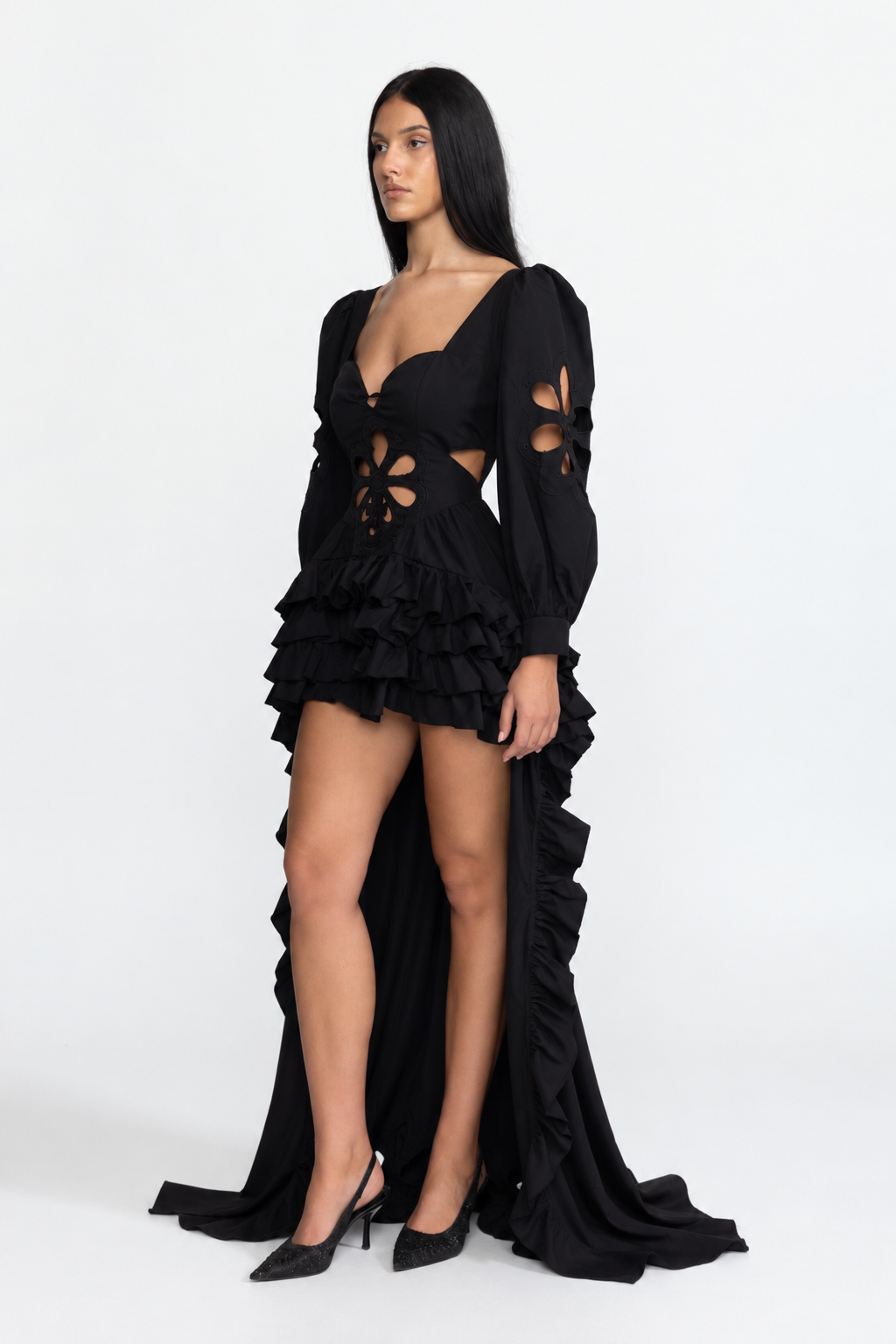 Embroidered Cutout Puff Sleeve High-Low Ruffle Gown - Black