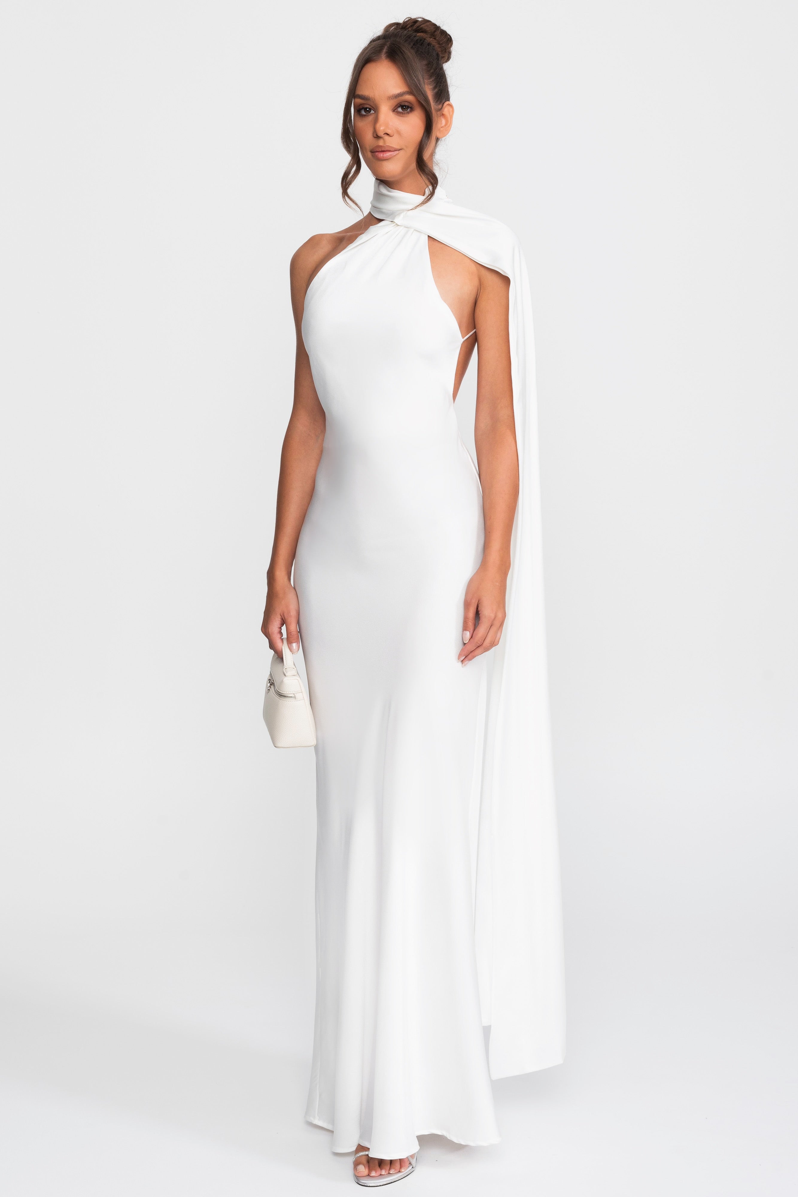 Twist Halter Satin Slip Dress With Asymmetric Neckline - White