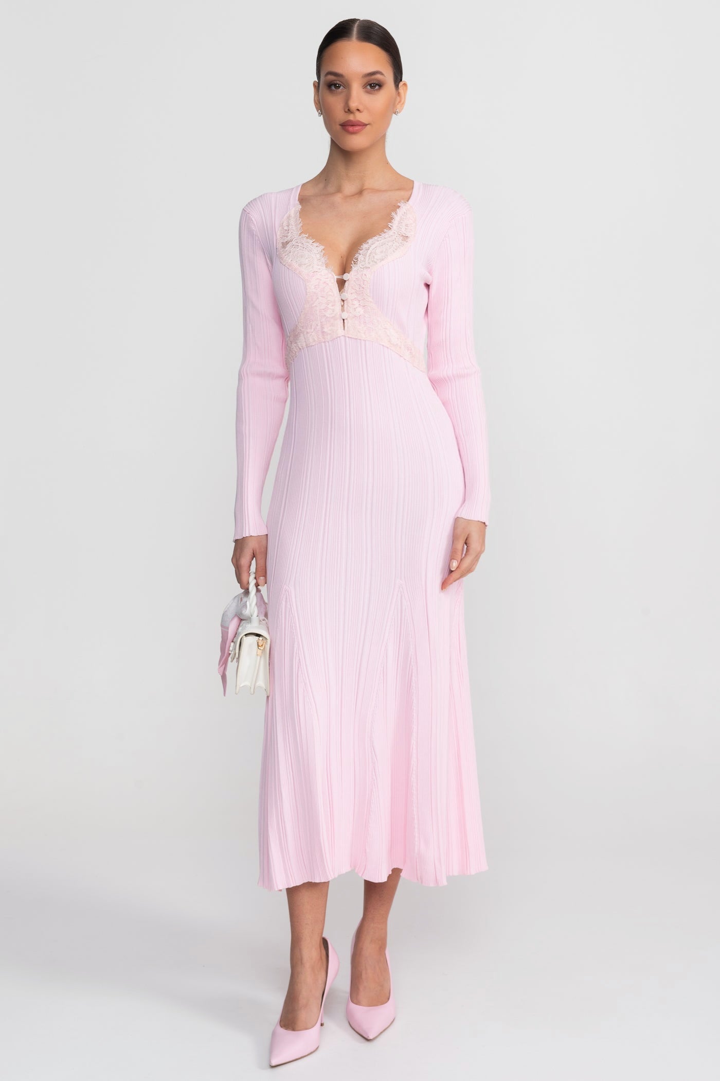 Ribbed Long Sleeve Midi Dress With Lace-Trim V-Neckline