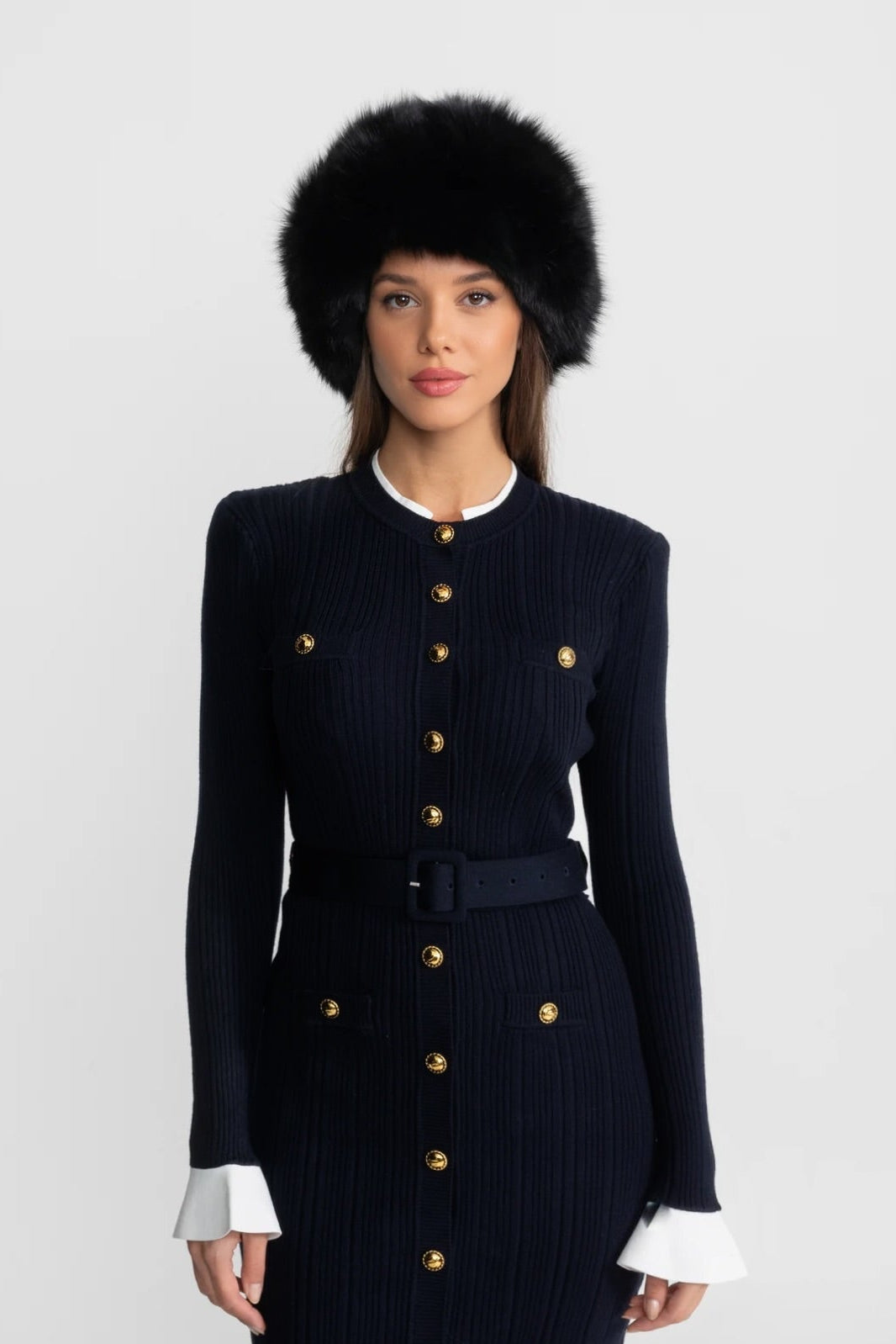 Ribbed Knit Midi Dress with Gold Button Fastening - Dark Blue