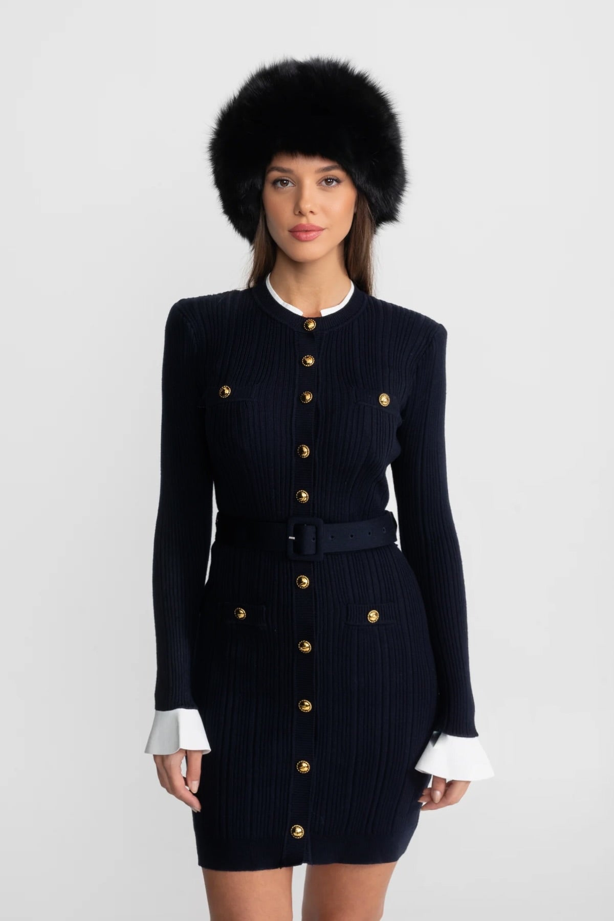 Ribbed Knit Midi Dress with Gold Button Fastening - Dark Blue
