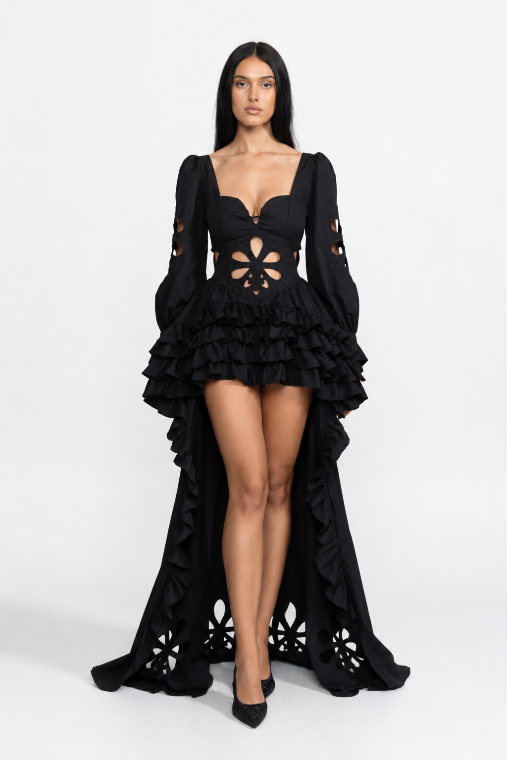 Embroidered Cutout Puff Sleeve High-Low Ruffle Gown - Black