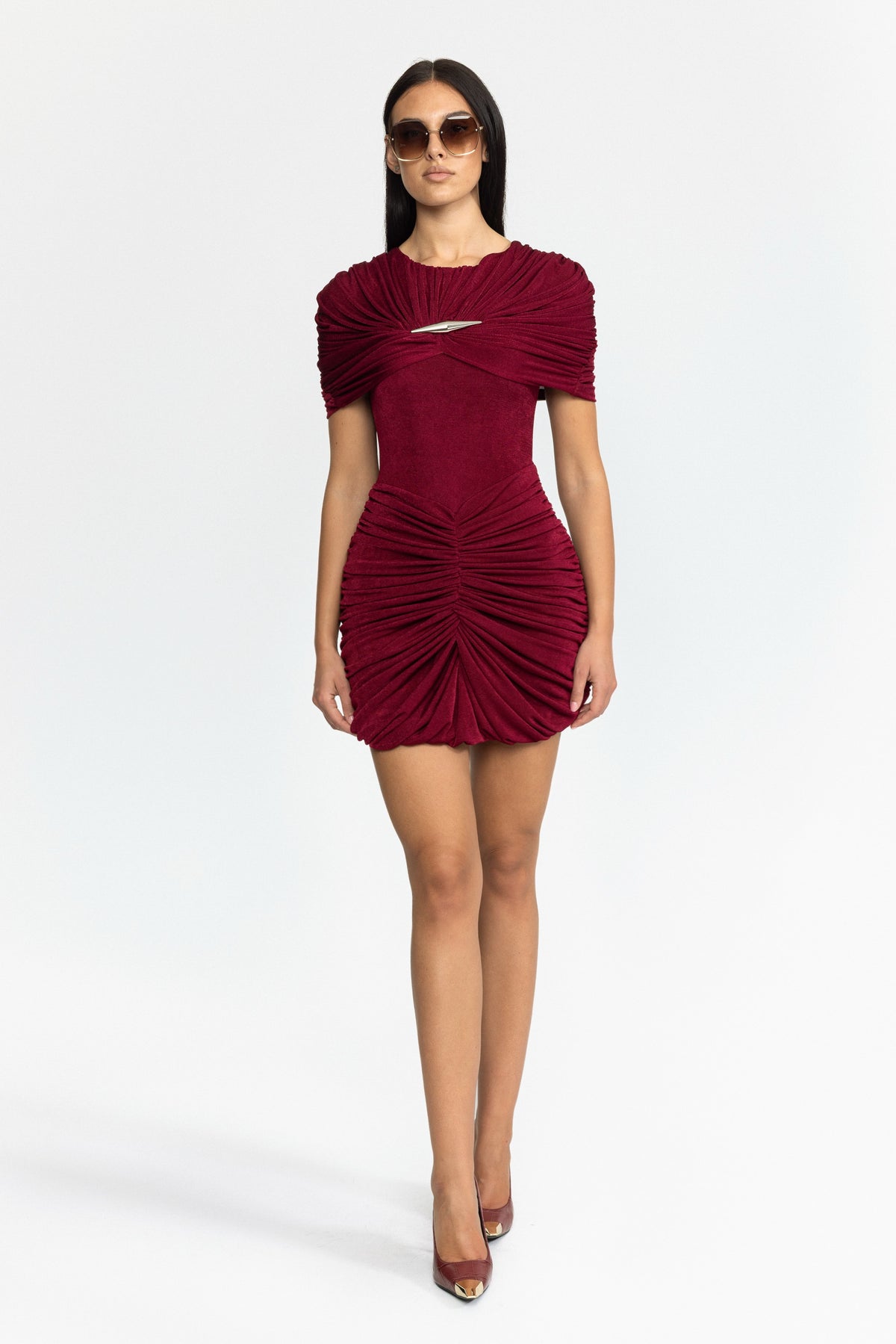 Draped Cape Ruched Mini Dress - Wine