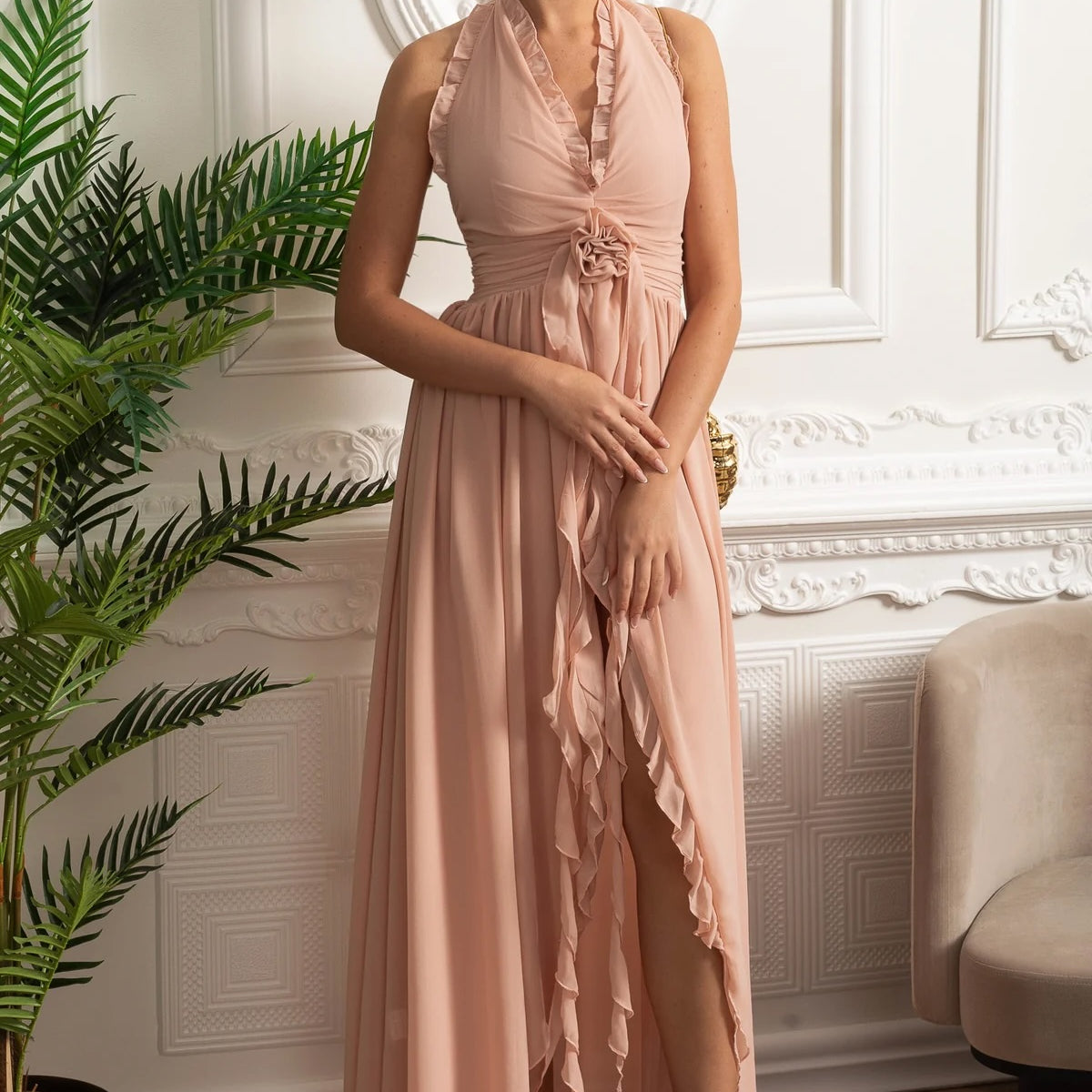 rosette halter midi dress Ruffled Halter Maxi Dress with Rosette Tie Detail