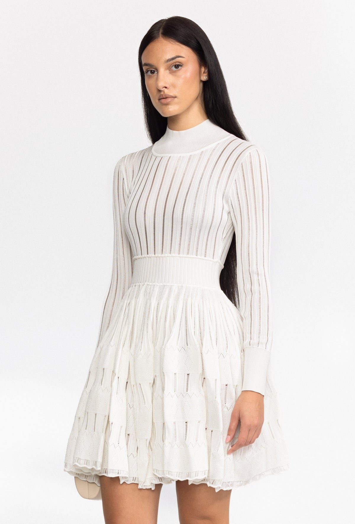 Sheer Ladder Knit Long Sleeve Skater Mini Dress - White
