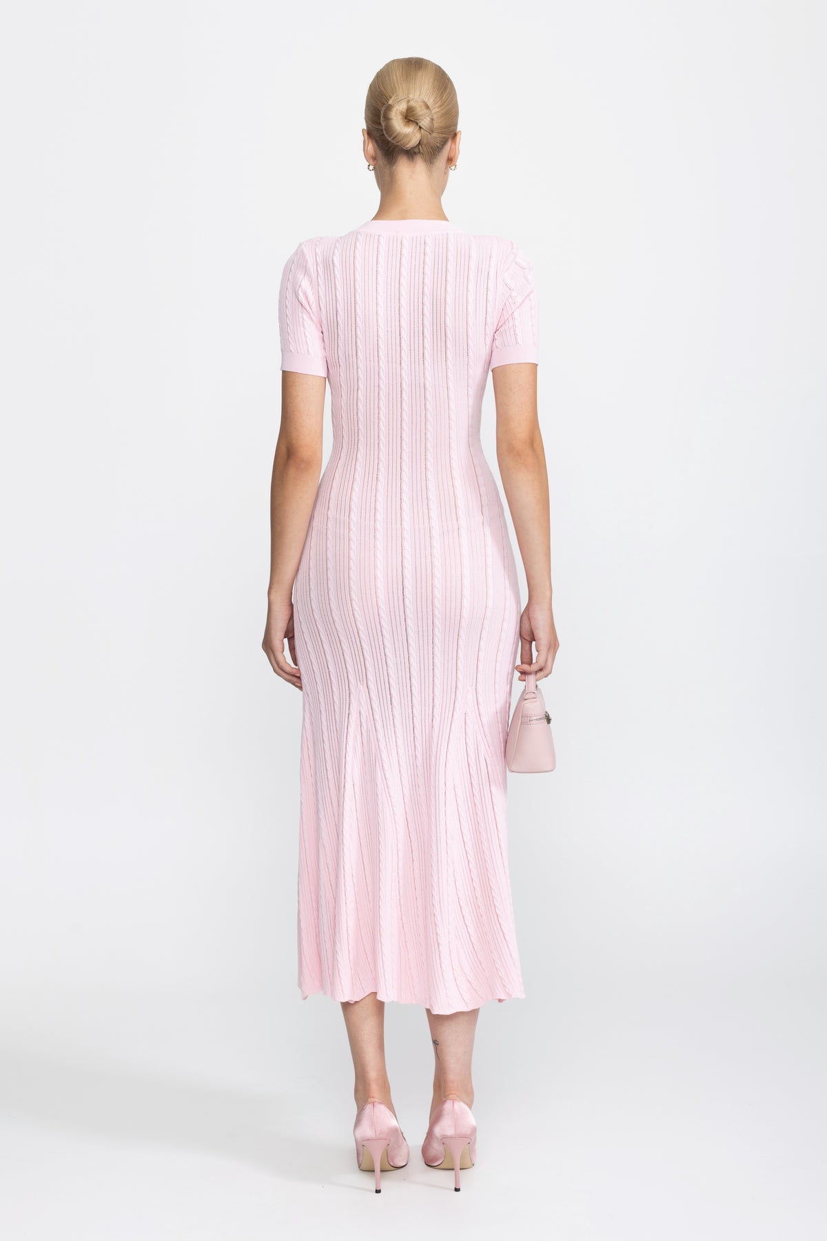 Cable Knit Jewel-Button Midi Dress - Pink