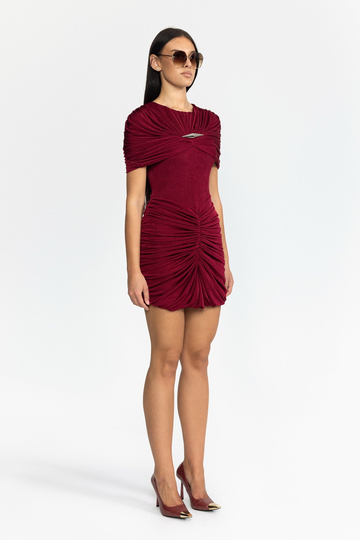 Draped Cape Ruched Mini Dress - Wine