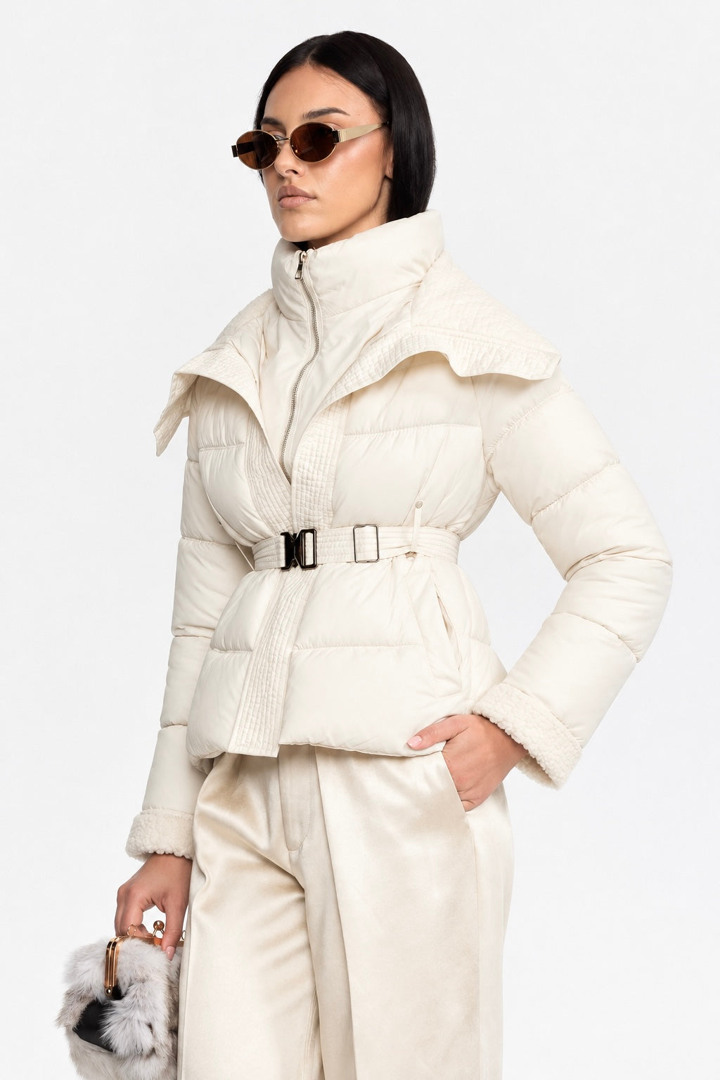 Belted Puffer Jacket with Teddy Collar - Ivoire