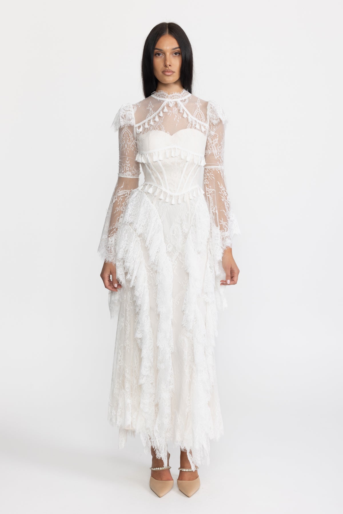 Tassel Trim Lace Corset Bell Sleeve Maxi Dress - White