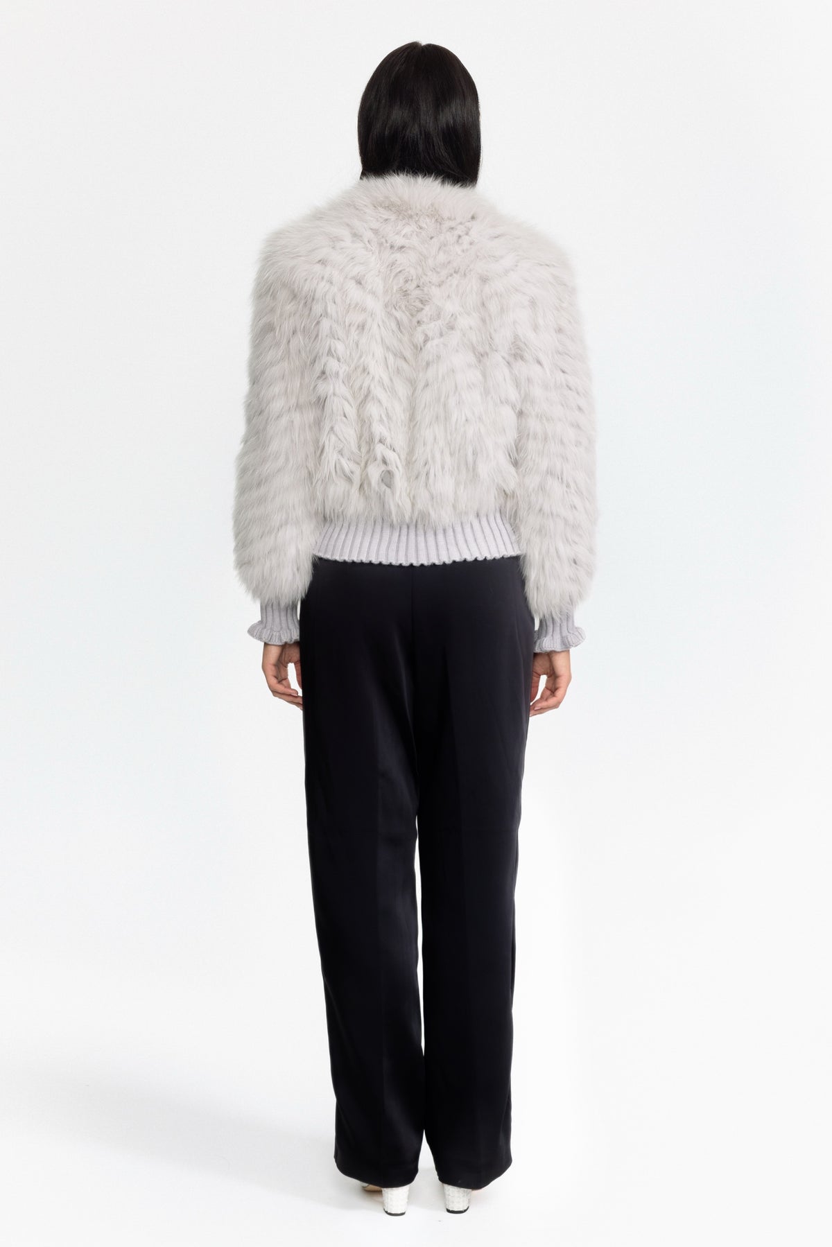 Knitted Fox Fur Bomber Jacket with Tie Neck - Grey