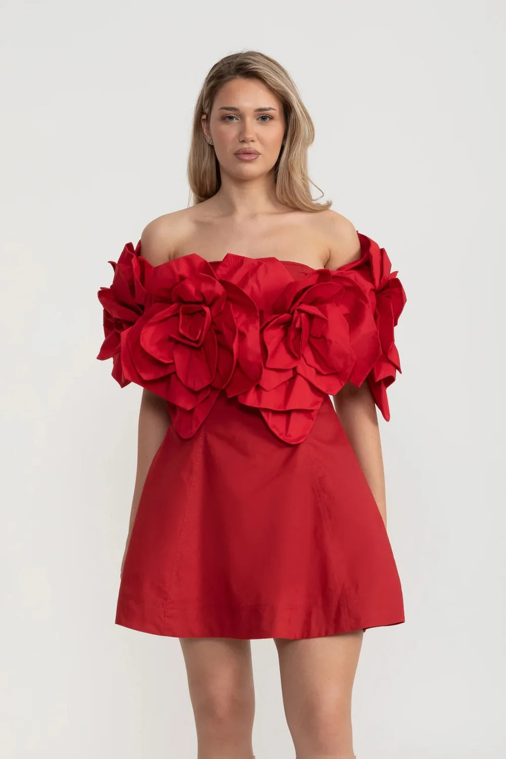 Off-Shoulder Mini Dress With Large Fabric Floral Accents - Red