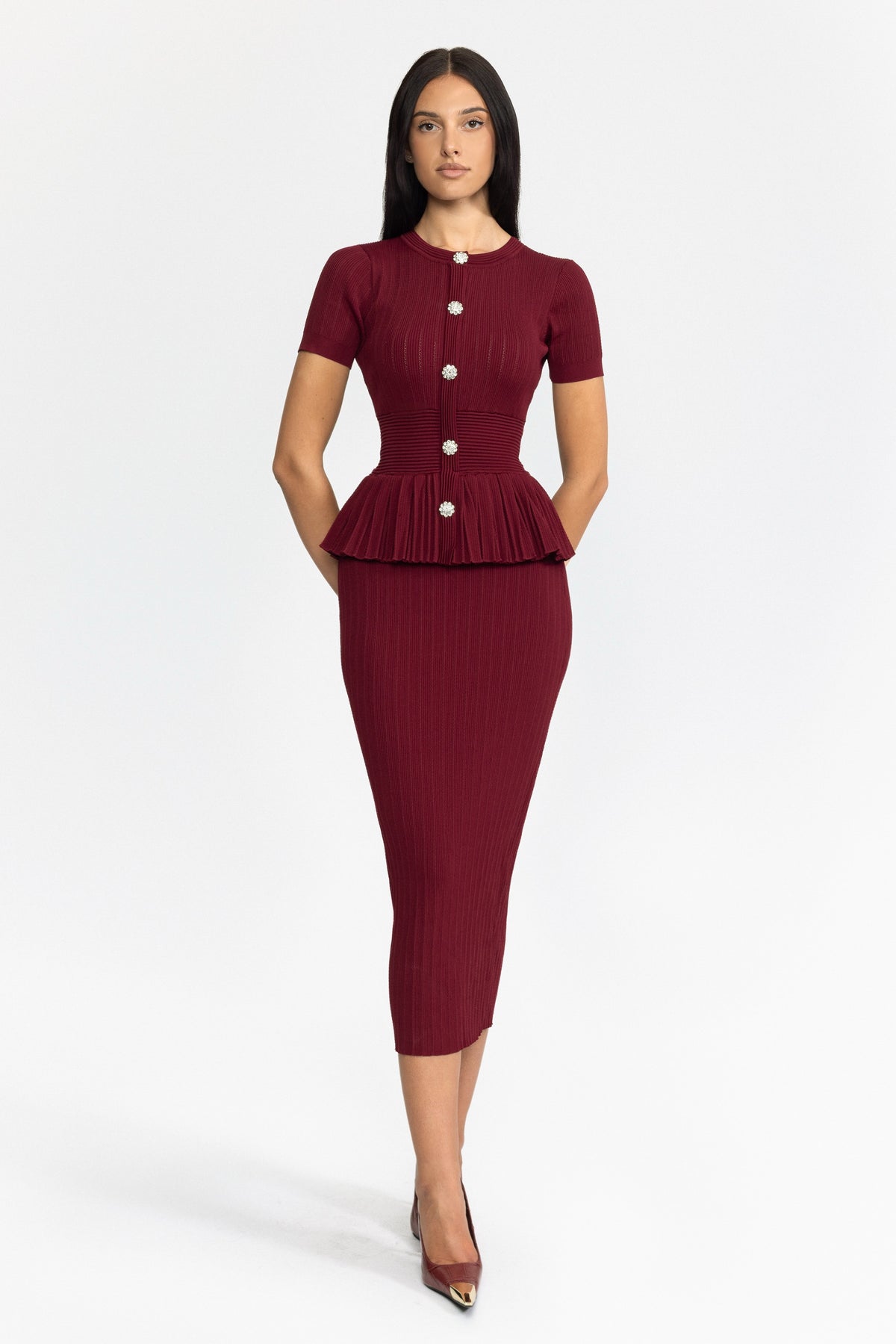 Pleated Peplum Knit Pencil Midi Dress - Wine