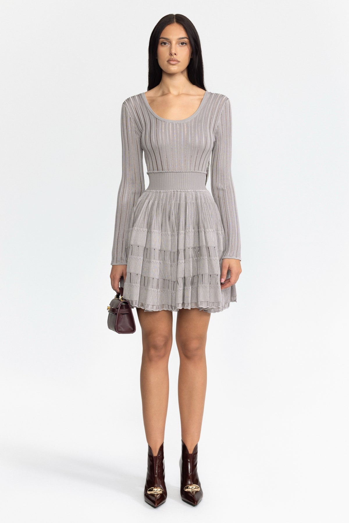 Ladder Knit Scoop Neck Skater Mini Dress - Grey