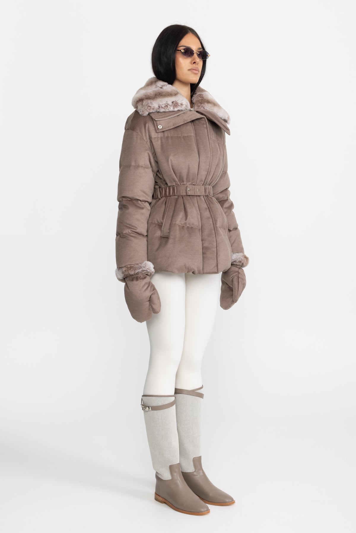 Rex Rabbit Fur Collar Cotton-Silk Down Jacket - Taupe