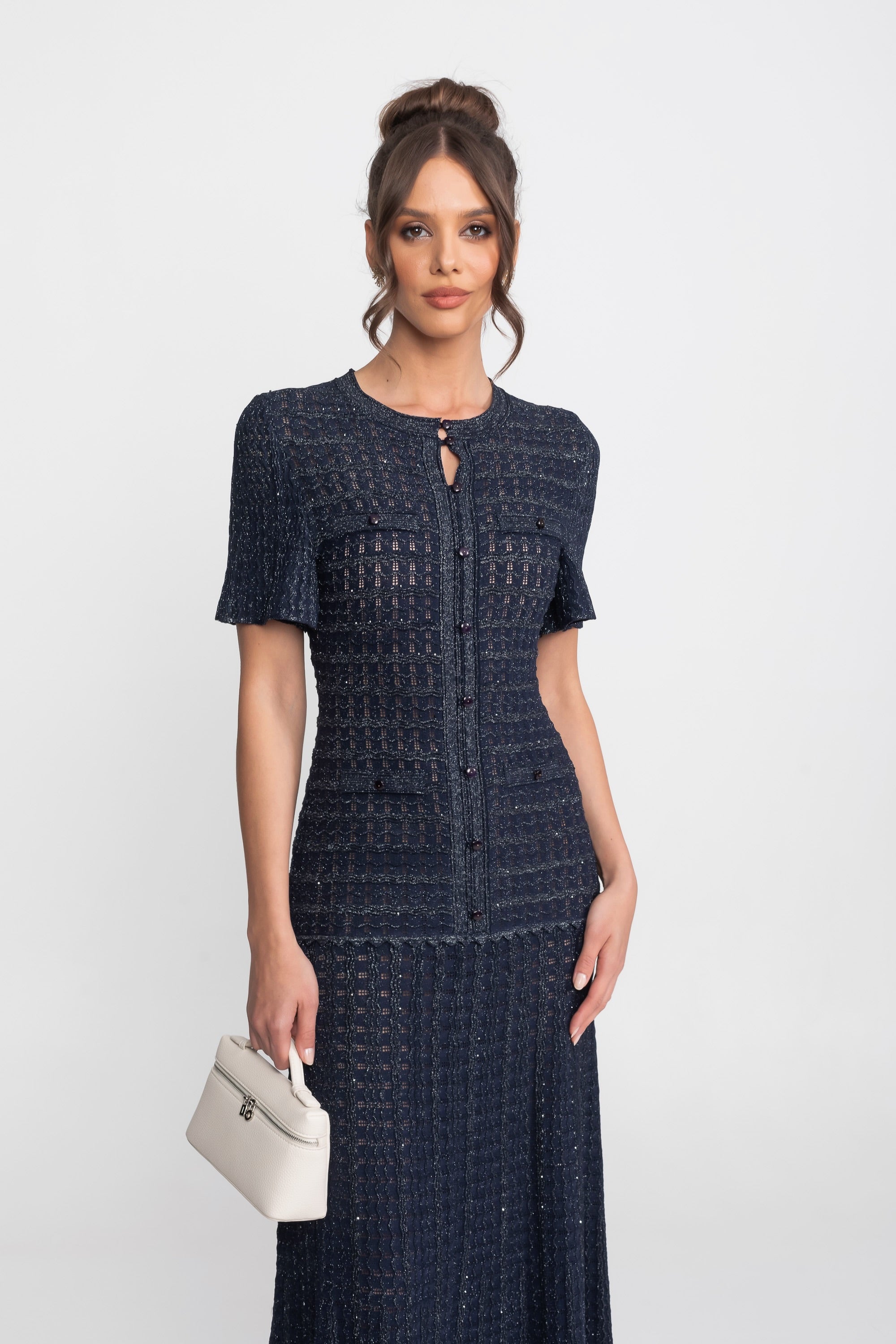 Short Sleeve Midi Dress With Shimmer Knit Texture - Navy