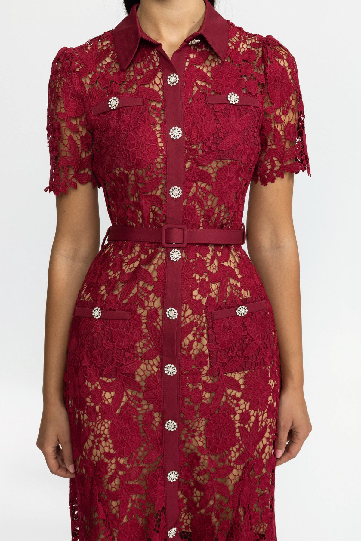 Guipure Lace Crystal Button Shirt Midi Dress - Wine