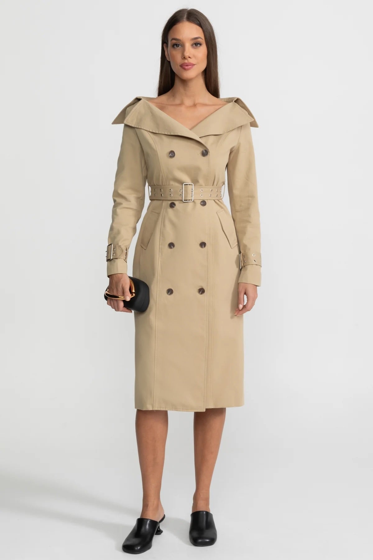 Off-Shoulder Double-Breasted Trench Coat Dress With Belted Waist – Bro