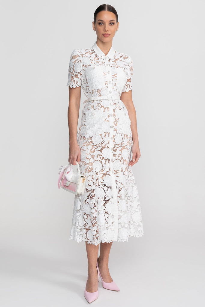Lace Short Sleeve Midi Dress With Collared Neckline And Belted Waist - White