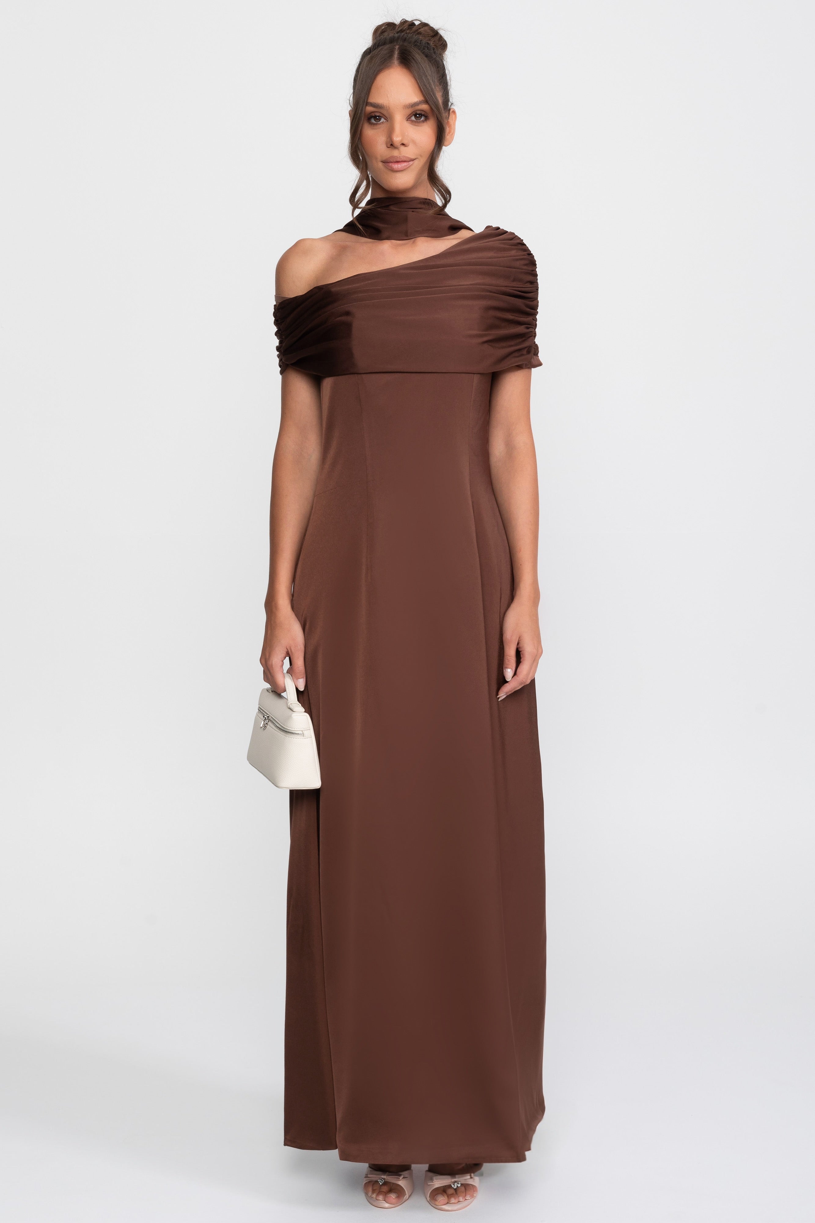 One-Shoulder Draped Satin Gown With Ruched Wrap - Brown