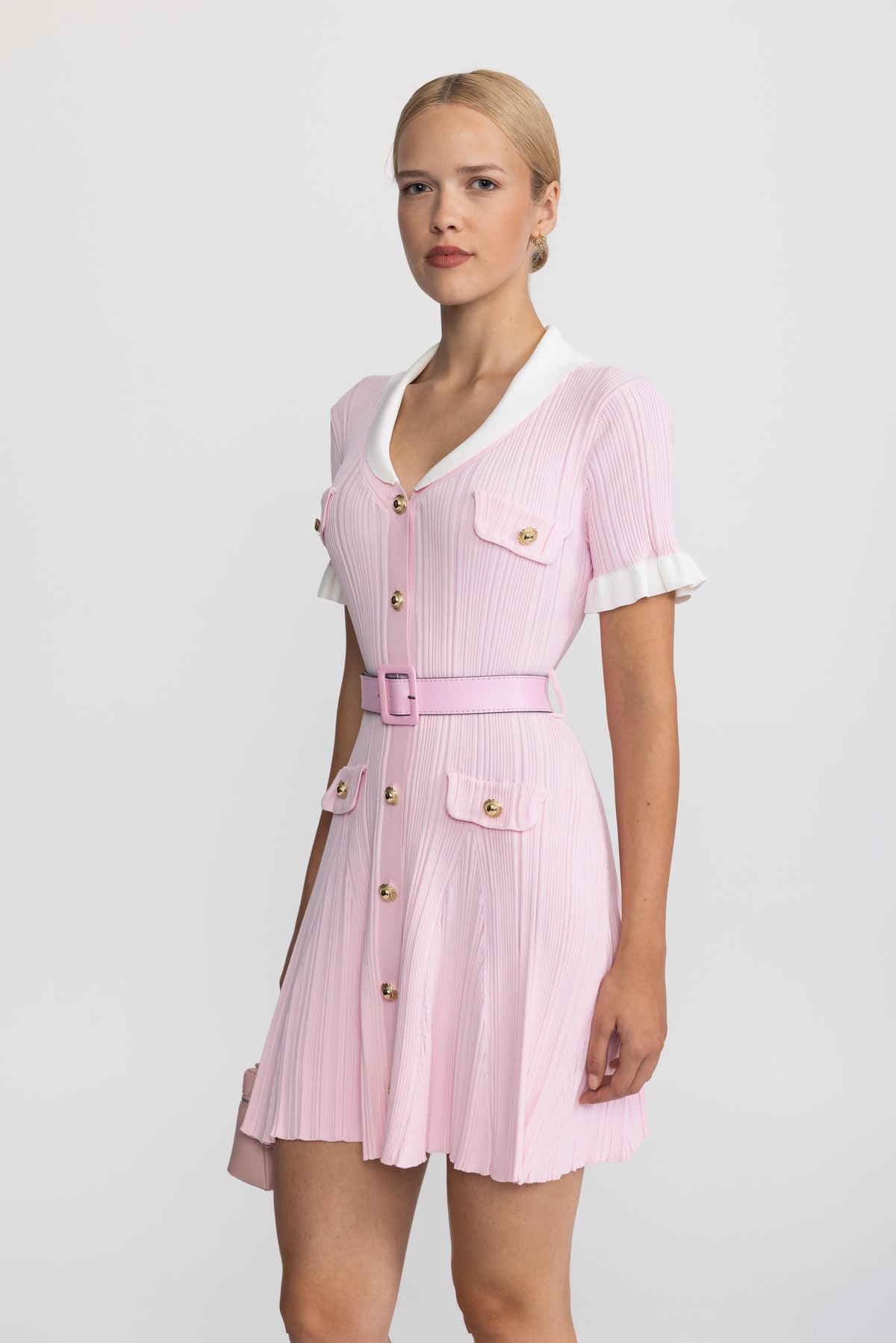 Ribbed Knit Contrast Collar Belted Mini Dress - Pink