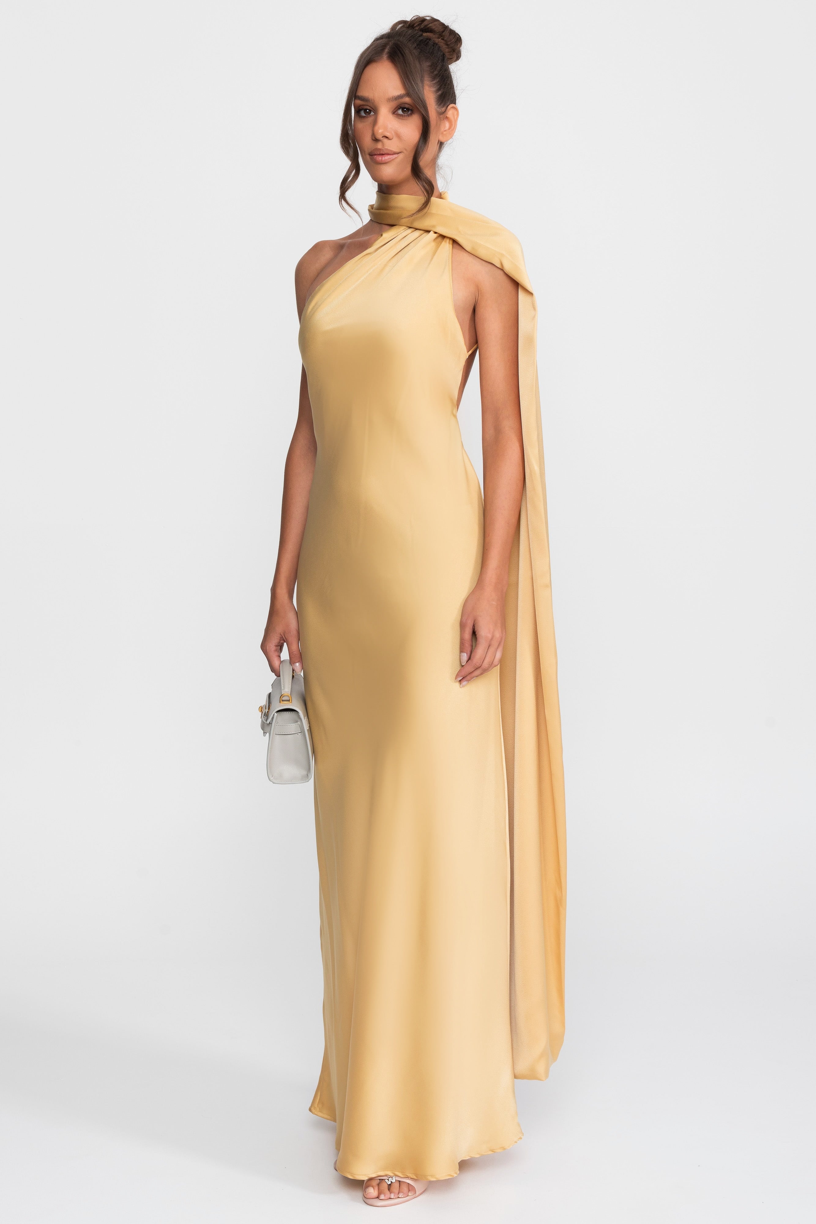 Twist Halter Satin Slip Dress With Asymmetric Neckline - Yellow