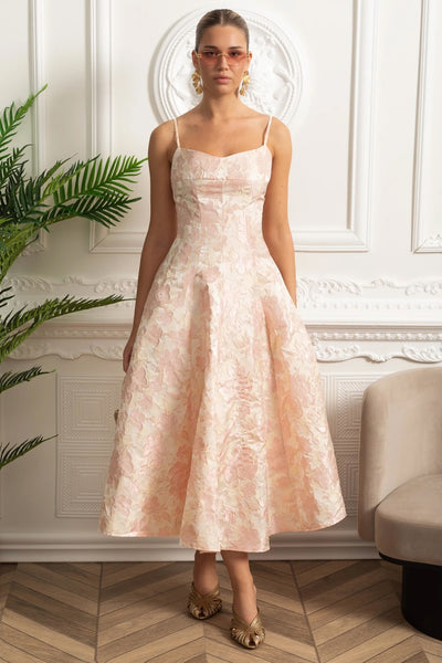 Jacquard Midi Dress with Floral Motif and Spaghetti Straps - Blush Pin