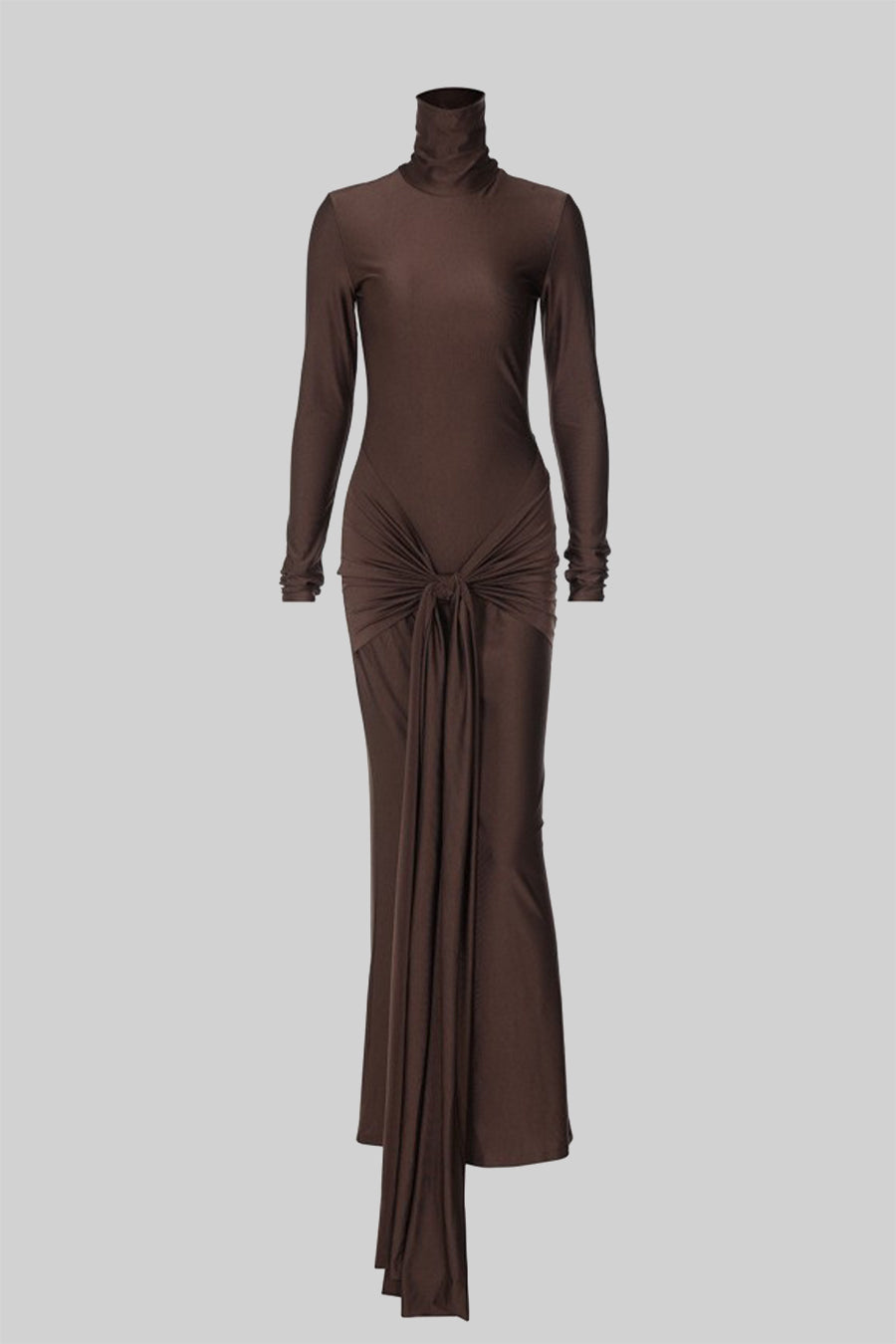 Draped Long High Neck Dress - Brown