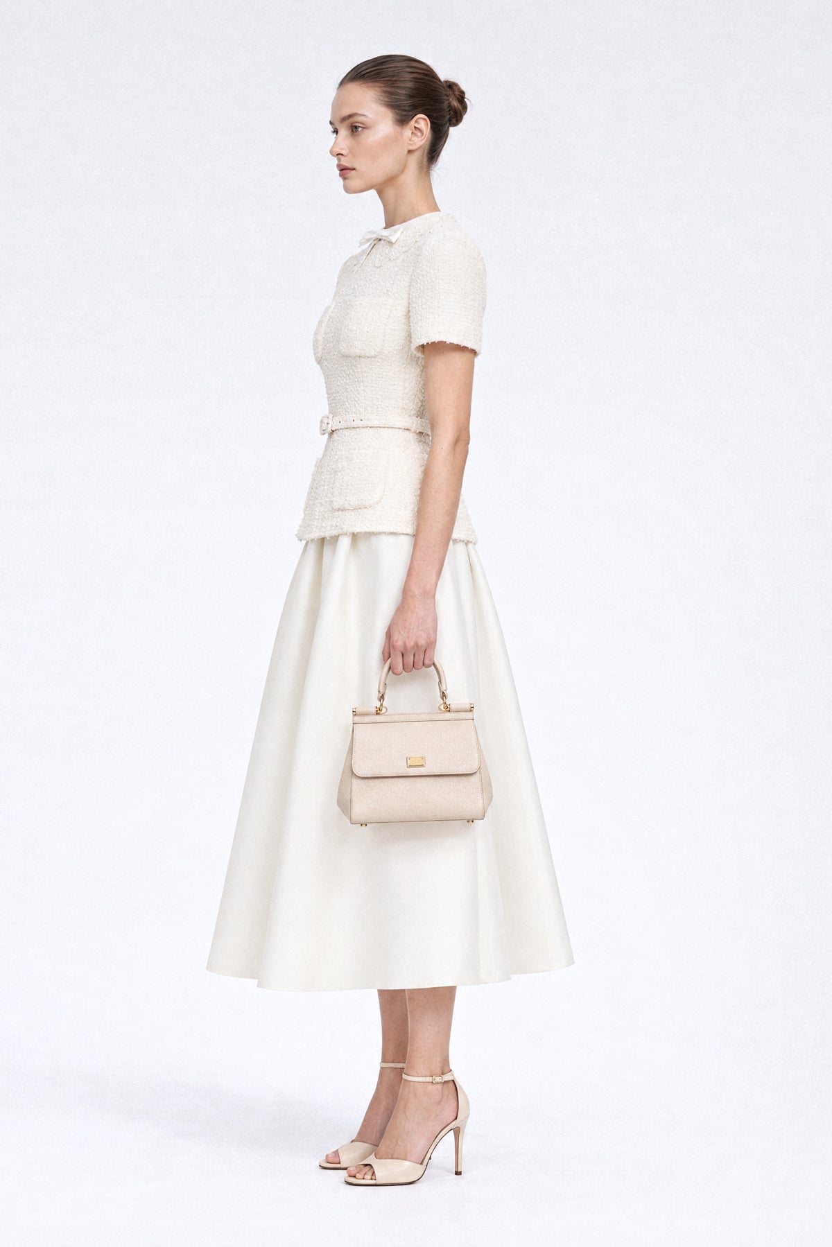 Tweed Peplum Midi Dress with Lace Collar - Ivoire