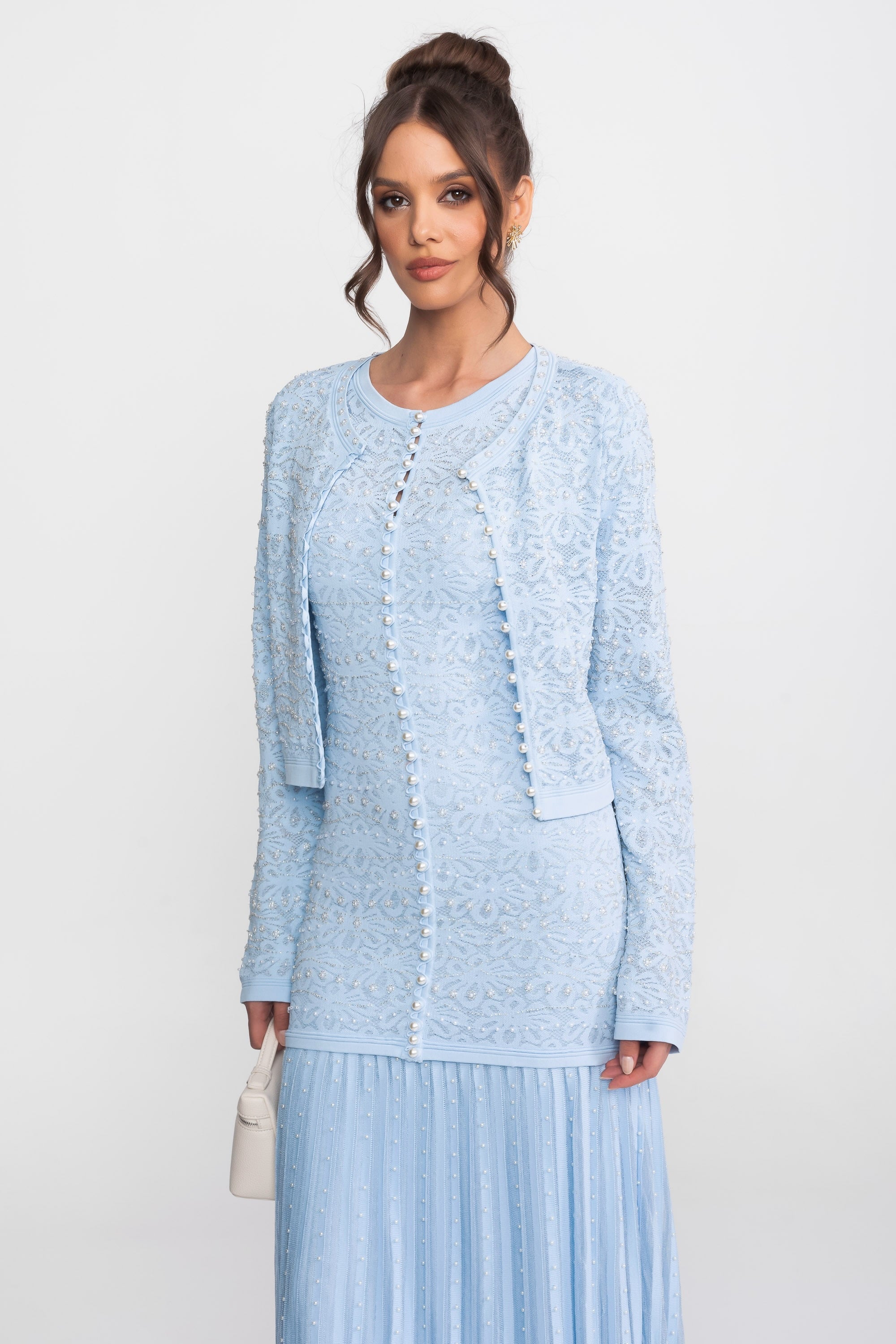 Short Sleeve Maxi Dress With Pearl Embellishments - Powder Blue