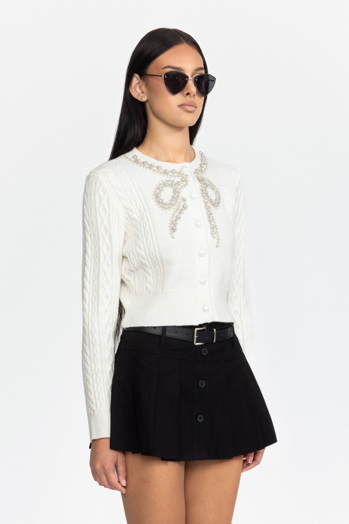 Pearl Bow Embellished Cable Knit Cardigan - White