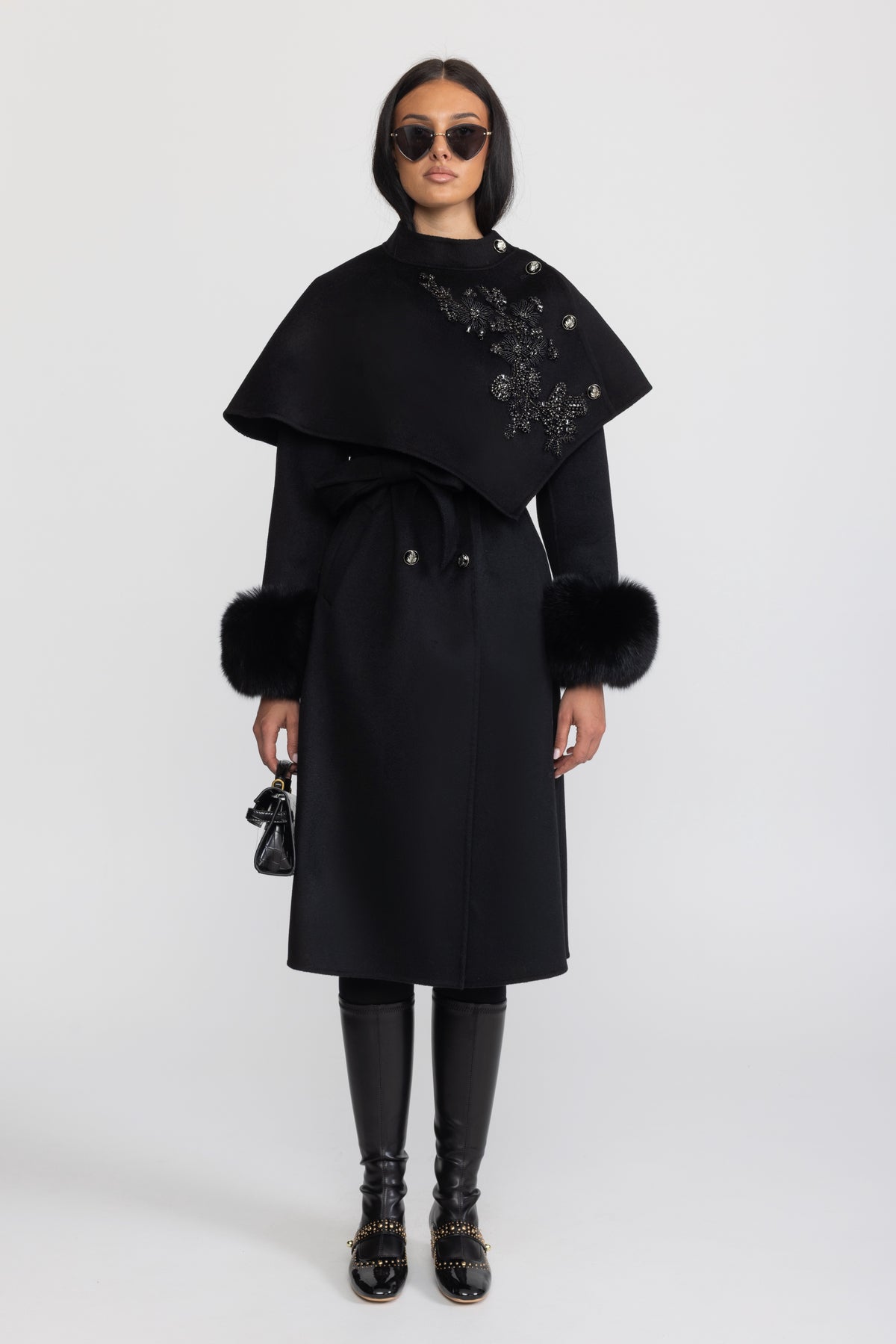 Embellished Capelet Wool Coat with Fox Fur Cuffs - Black