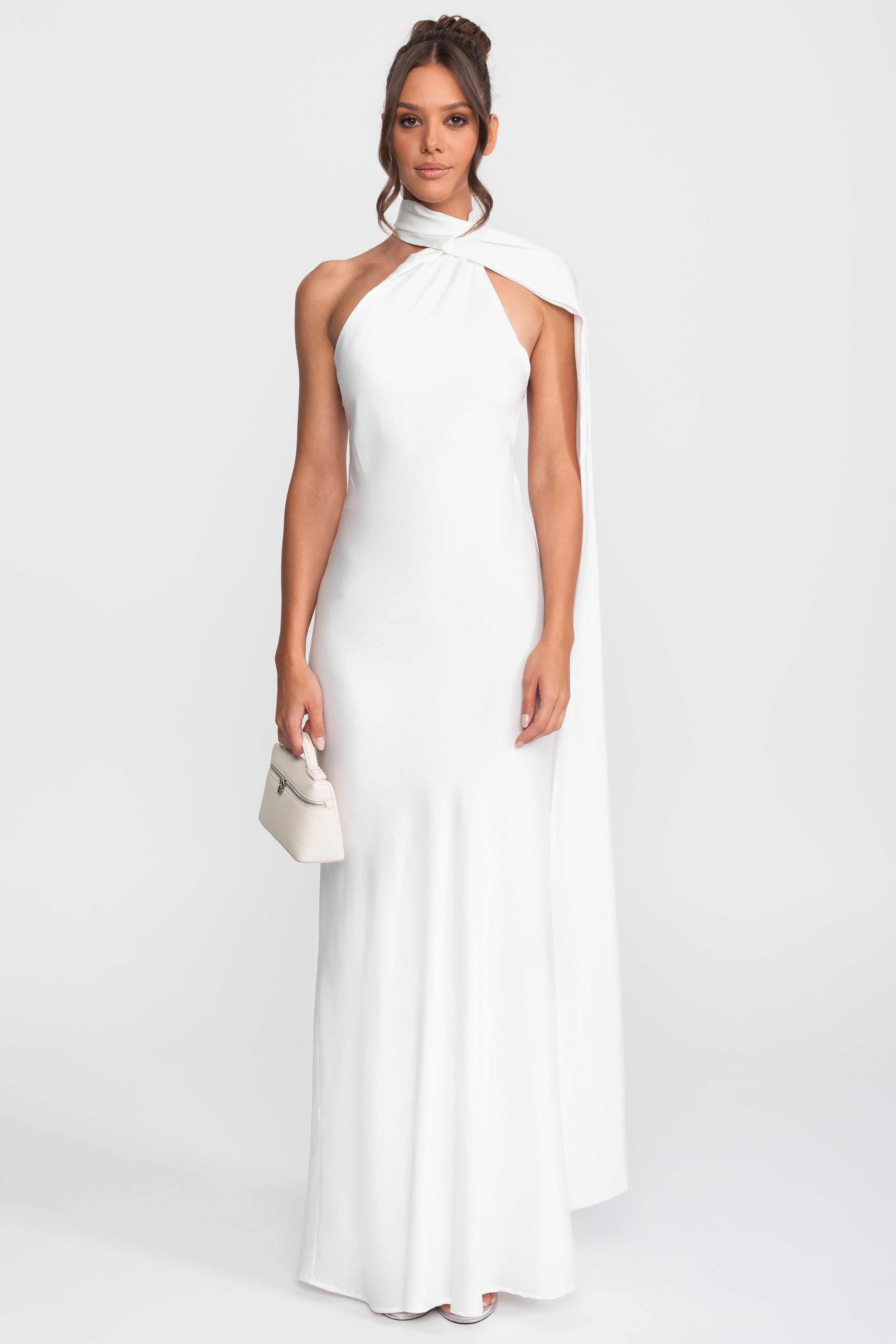 Twist Halter Satin Slip Dress With Asymmetric Neckline - White