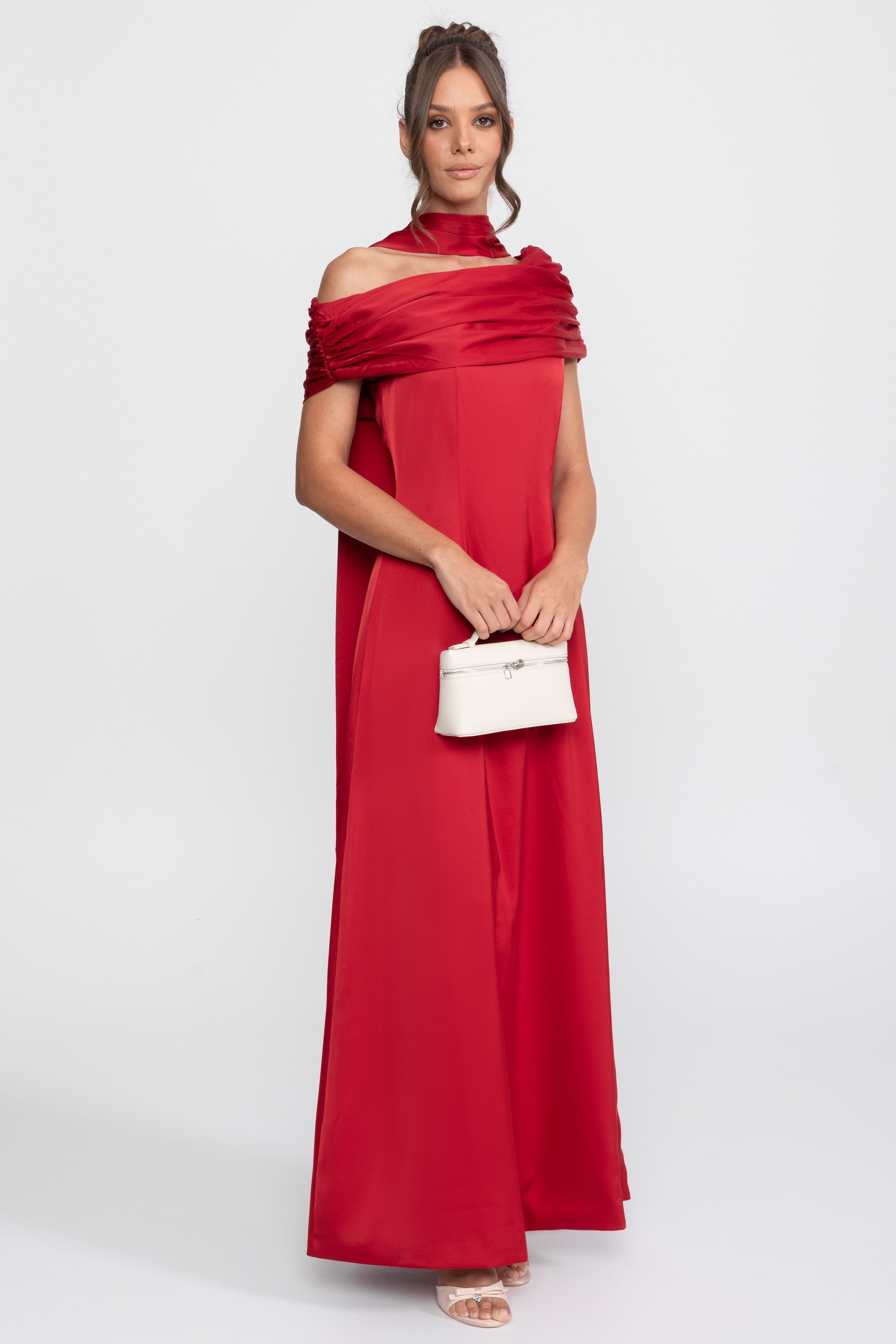 One-Shoulder Draped Satin Gown With Ruched Wrap - Red