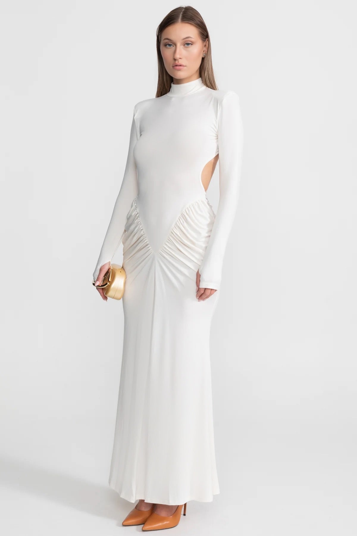 Ruched Maxi Dress With Side Cutouts – White