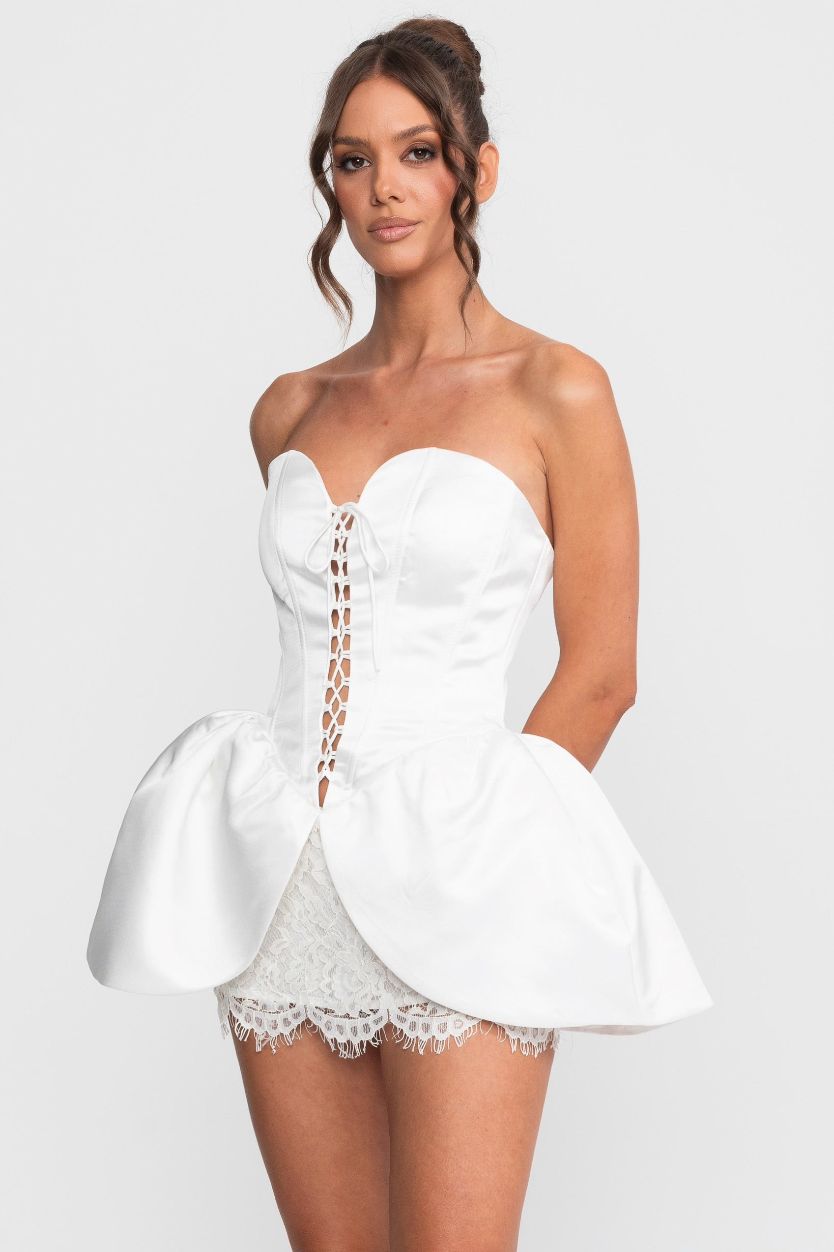 Corset Peplum Mini Dress With Lace-Up Front - White