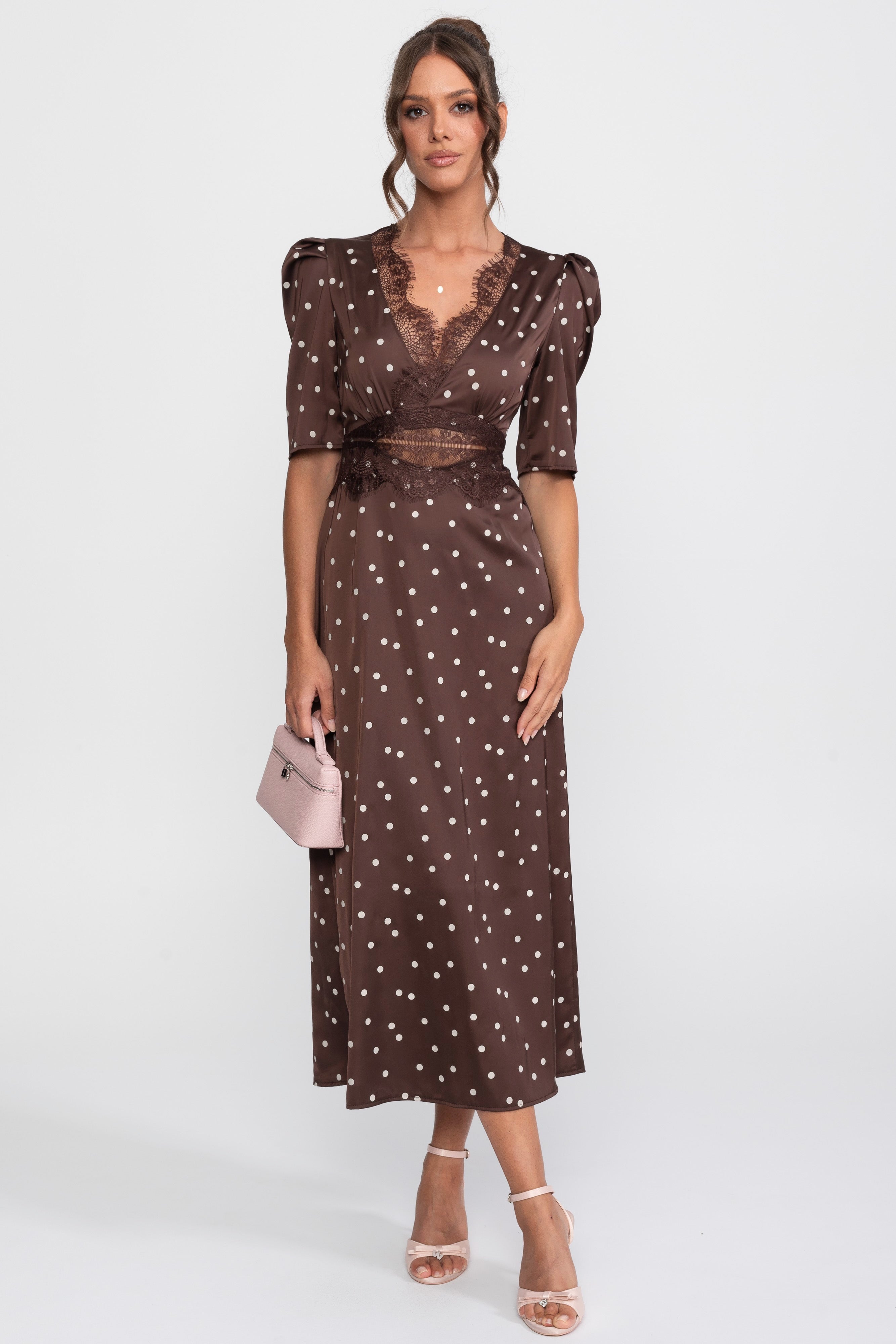 Lace-Trim Polka Dot Midi Dress With Puff Sleeves - Brown